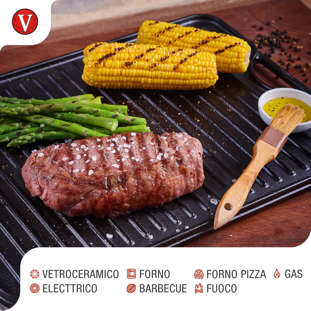 VICTORIA Bistecchiera Ghisa Smaltata, Piastra per Grigliare Reversibile 47 X 25 cm per Fuoco, Barbecue, Forno, Vetroceramica, Gas, Priva di Sostanze Tossiche e senza PTFE