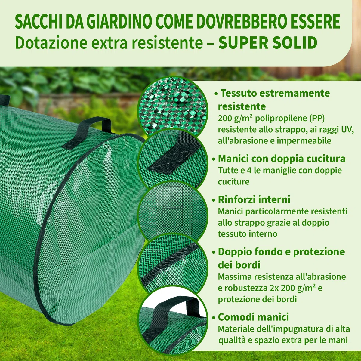 TTL Garden 2 sacchi da giardino Super Solid, 272 l, colore verde, doppio fondo, 2 x 200 g/m², extra stabili e antistrappo, 4 manici, grandi e robusti, set da 2 sacchi per foglie, siepe, rifiuti da