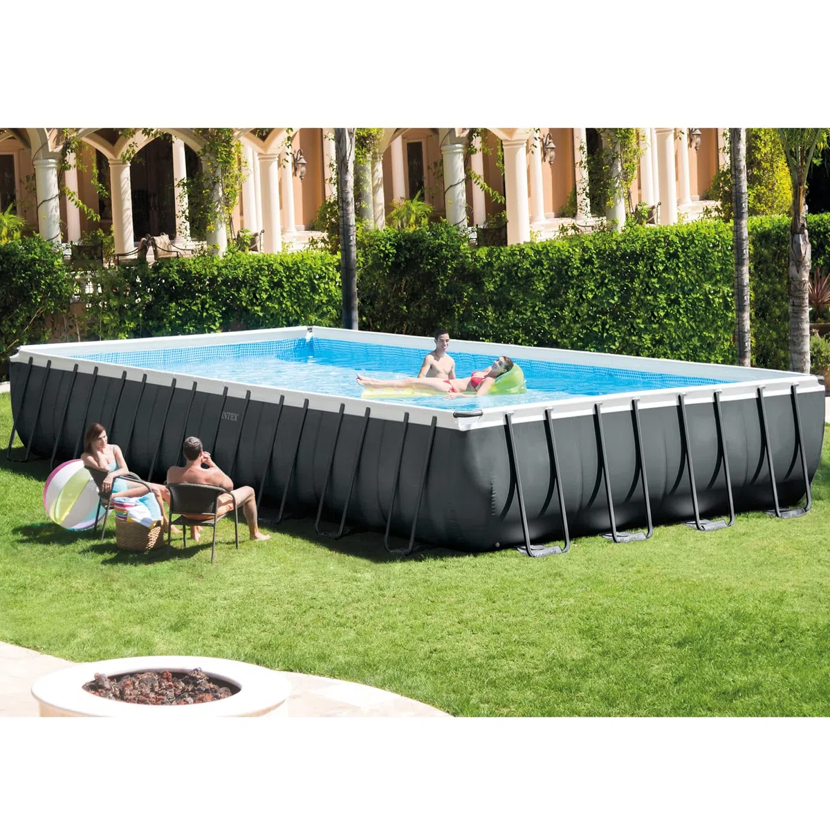 Intex 26374GN – Piscina Fuori Terra Ultra XTR Frame Rettangolare, Pompa Filtro 10500 L/h, Scaletta, Telo Base e Copertura, 54368 L, Acciaio e PVC, Grigio, 975x488x132 cm