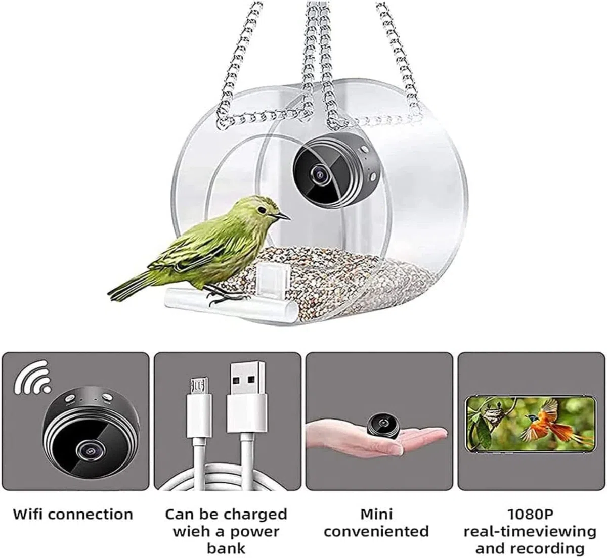 Telecamera smart wireless per esterni 1080P HD con visione notturna WiFi obiettivo grandangolare 150° per uccelli
