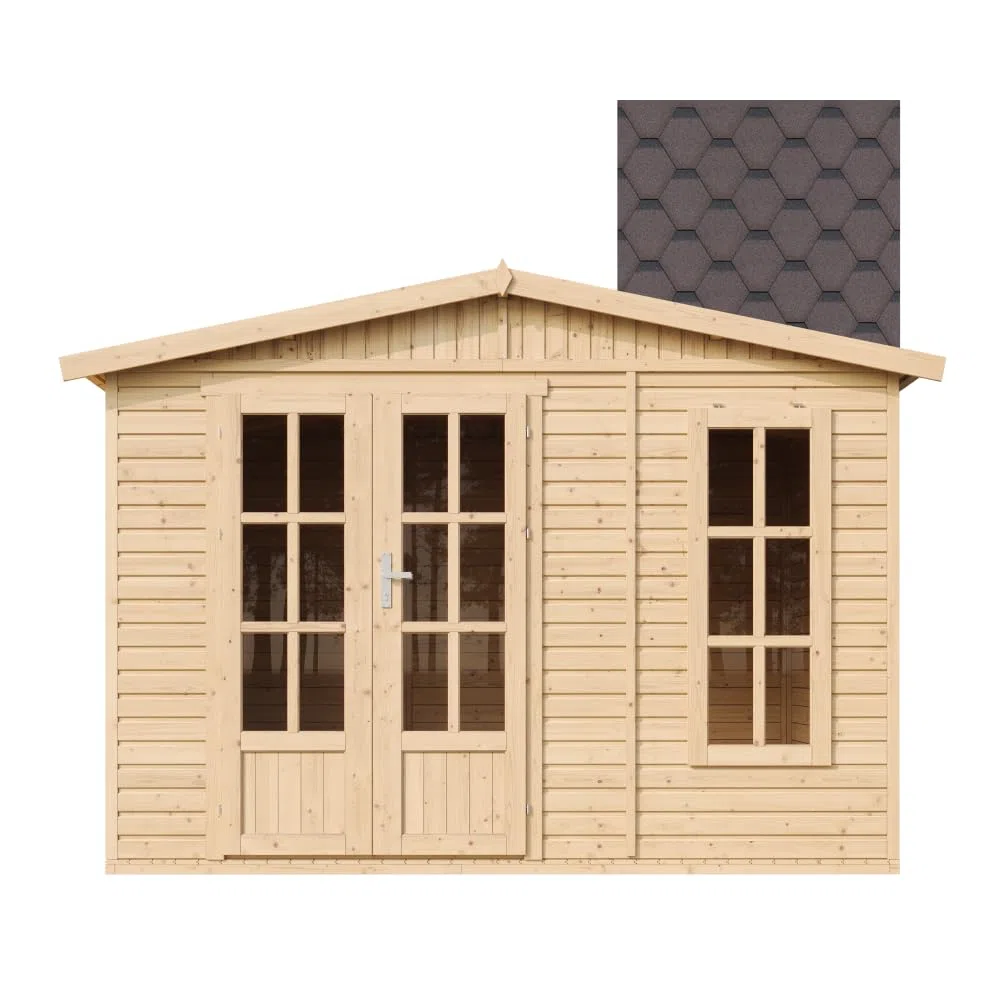 Casetta da giardino 6m2-332x222xA232 cm - Casetta in legno da giardino - Capanno in legno - Studio giardino - con tegole bituminose marrone - TIMBELA M334FB+H334FBBROWN
