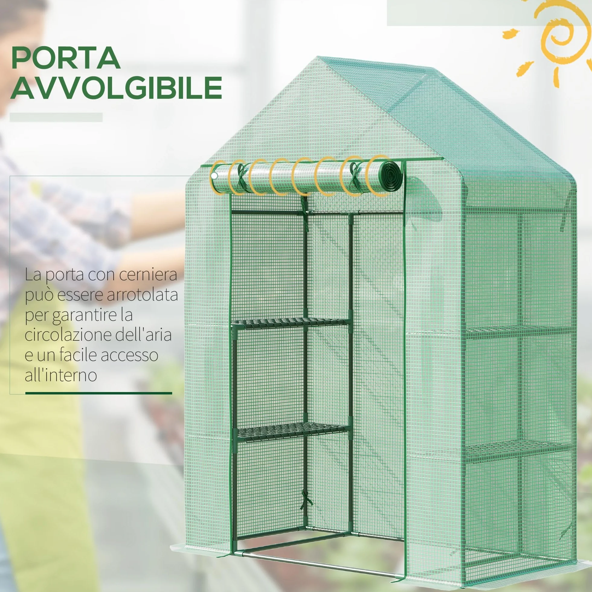 Outsunny Serra da Esterno con 4 Ripiani, Funi e Picchetti, in Acciaio e Plastica PE, 141x72x191 cm, Verde