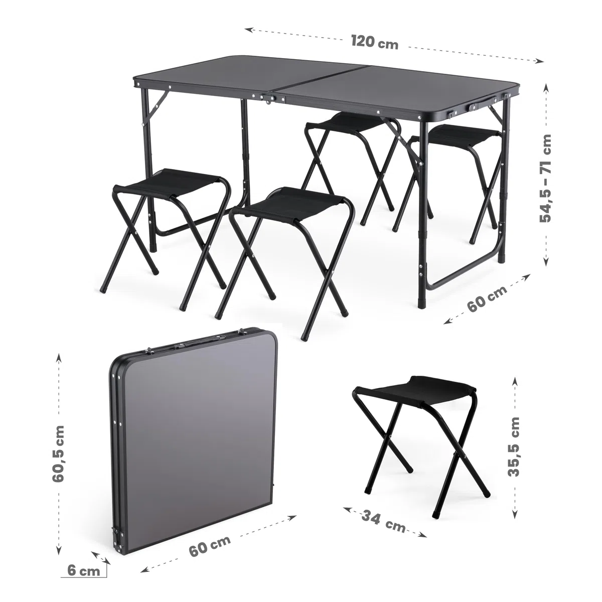 Tavolo da Campeggio con 4 Sedie, Altezza Regolabile, Tavolo Barbecue Pieghevole Portatile 120 x 60 cm, Tavolo Pieghevole in Alluminio con 4 Sgabelli Pieghevoli per Campeggio, Picnic, Barbecue Giardino