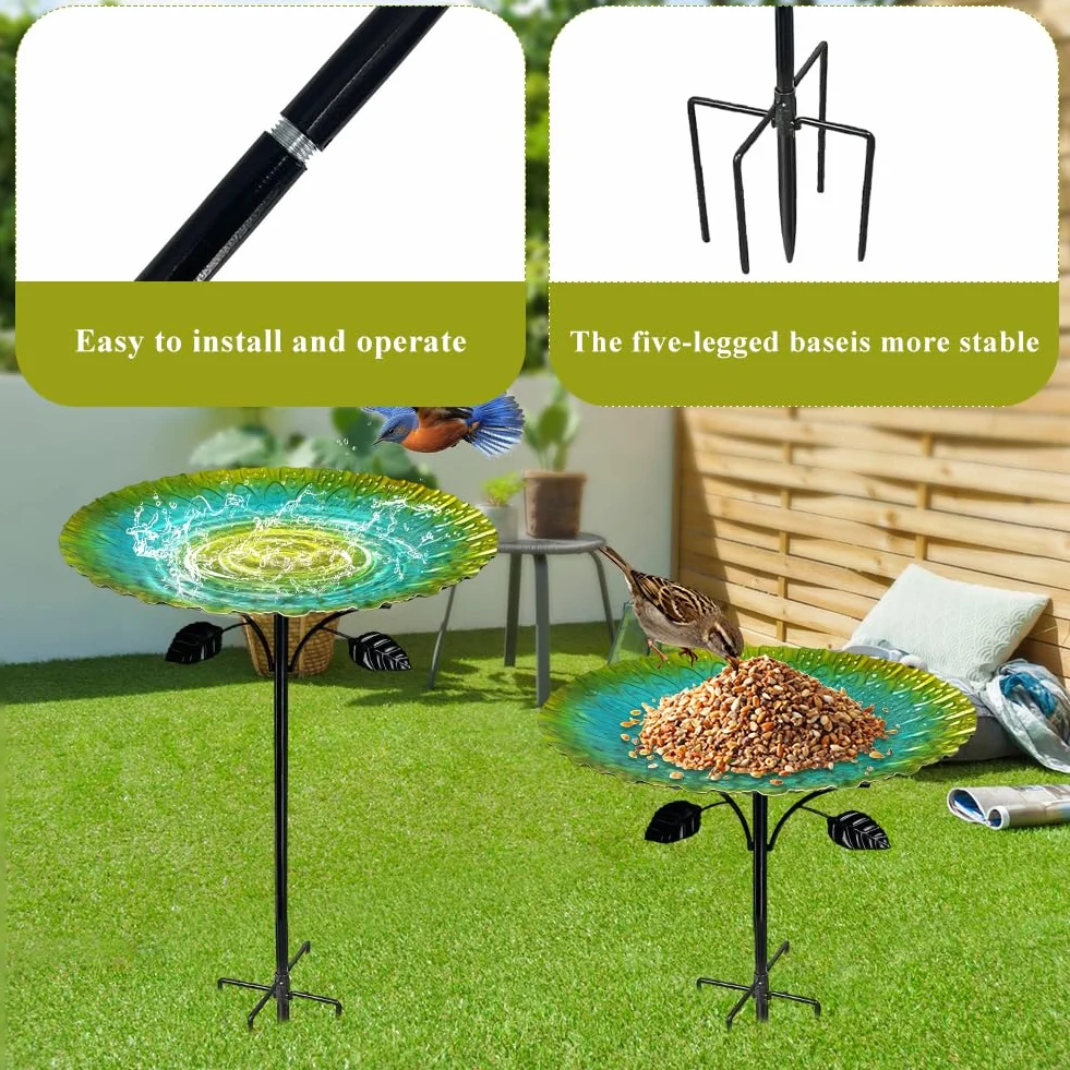 Abbeveratoio per uccelli in piedi, 85 cm, resistente all'inverno, per uccelli con forte base a 5 punti, grande ghisa, bagno per uccelli da giardino, in metallo antigelo retrò, verde, facile da pulire