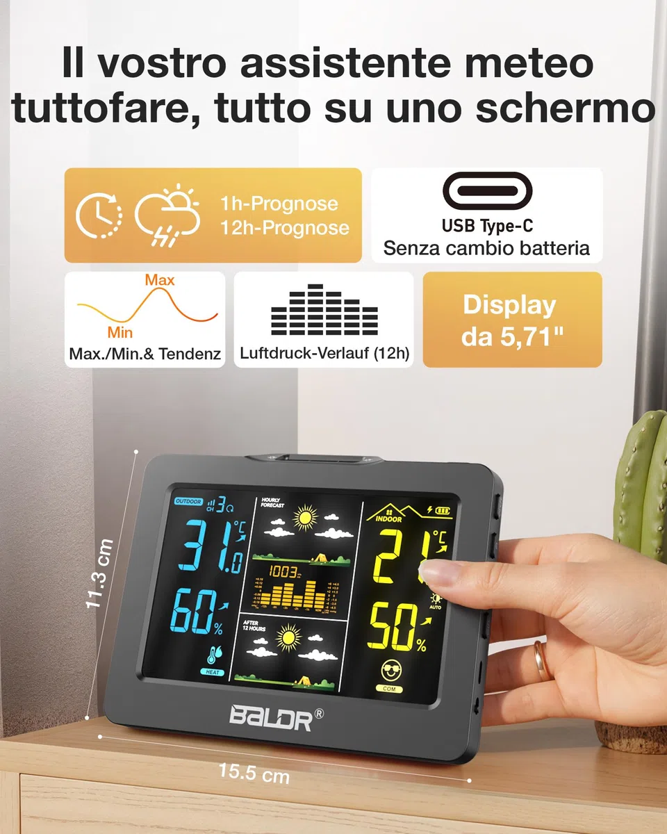 Stazione Meteo BALDR Wireless con Sensore Esterno, Display Digitale a Colori – Termometro Igrometro Interno/Esterno, Previsioni 1h + 12h, Batteria Ricaricabile