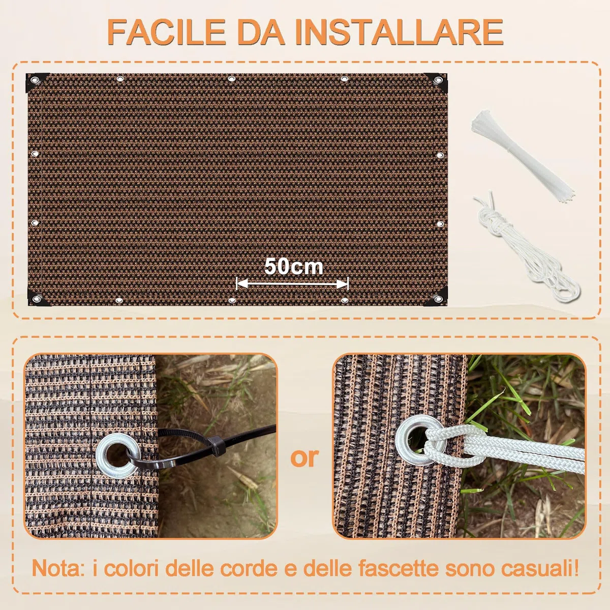 Telo Ringhiera Balcone Esterno 90x350cm, Rete Balcone Antistrappo e Protezione Solare Copertura Cancello Esterno Facile da Installare per Recinzione Giardino - Bianco Sporco