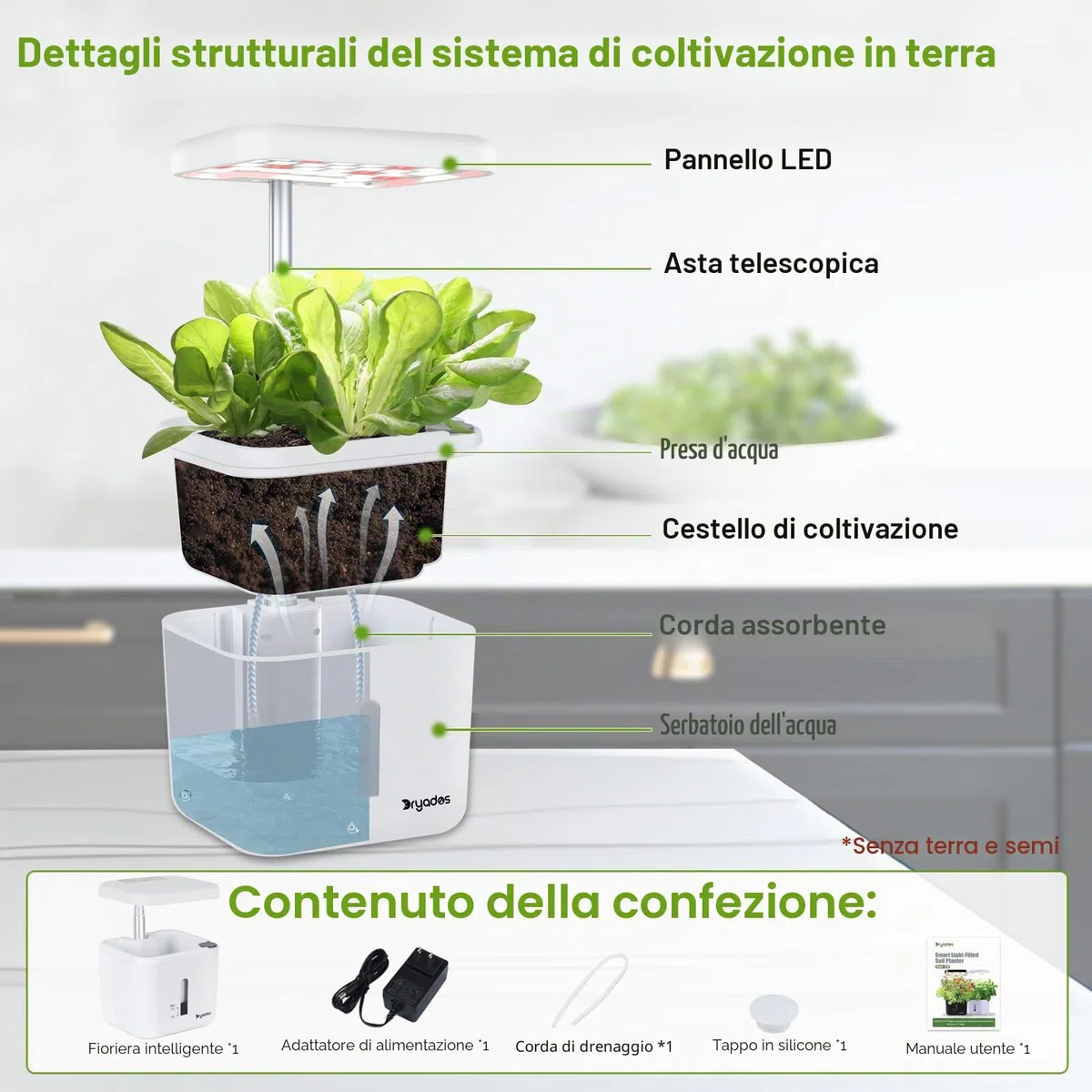 Fioriera da giardino per interni sistemi di coltivazione per piante da pavimento, piccolo sistema di giardinaggio intelligente con luce LED di crescita da 17 W, timer automatico, vaso di irrigazione