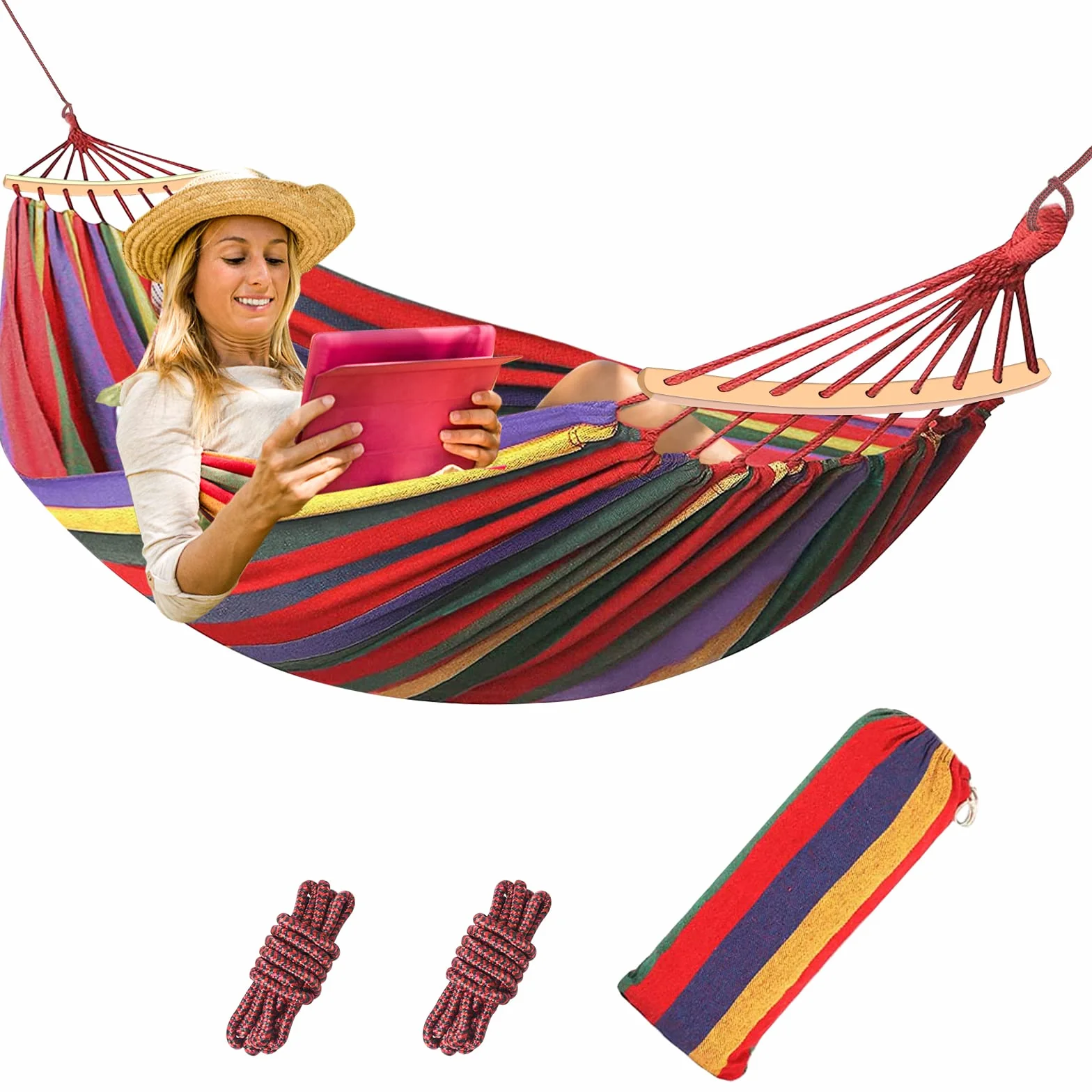 Amaca per esterni, in cotone, 190 x 150 cm, per campeggio, portata fino a 150 kg, per esterni, portatile, traspirante, con borsa per il trasporto, per campeggio, giardino, terrazza