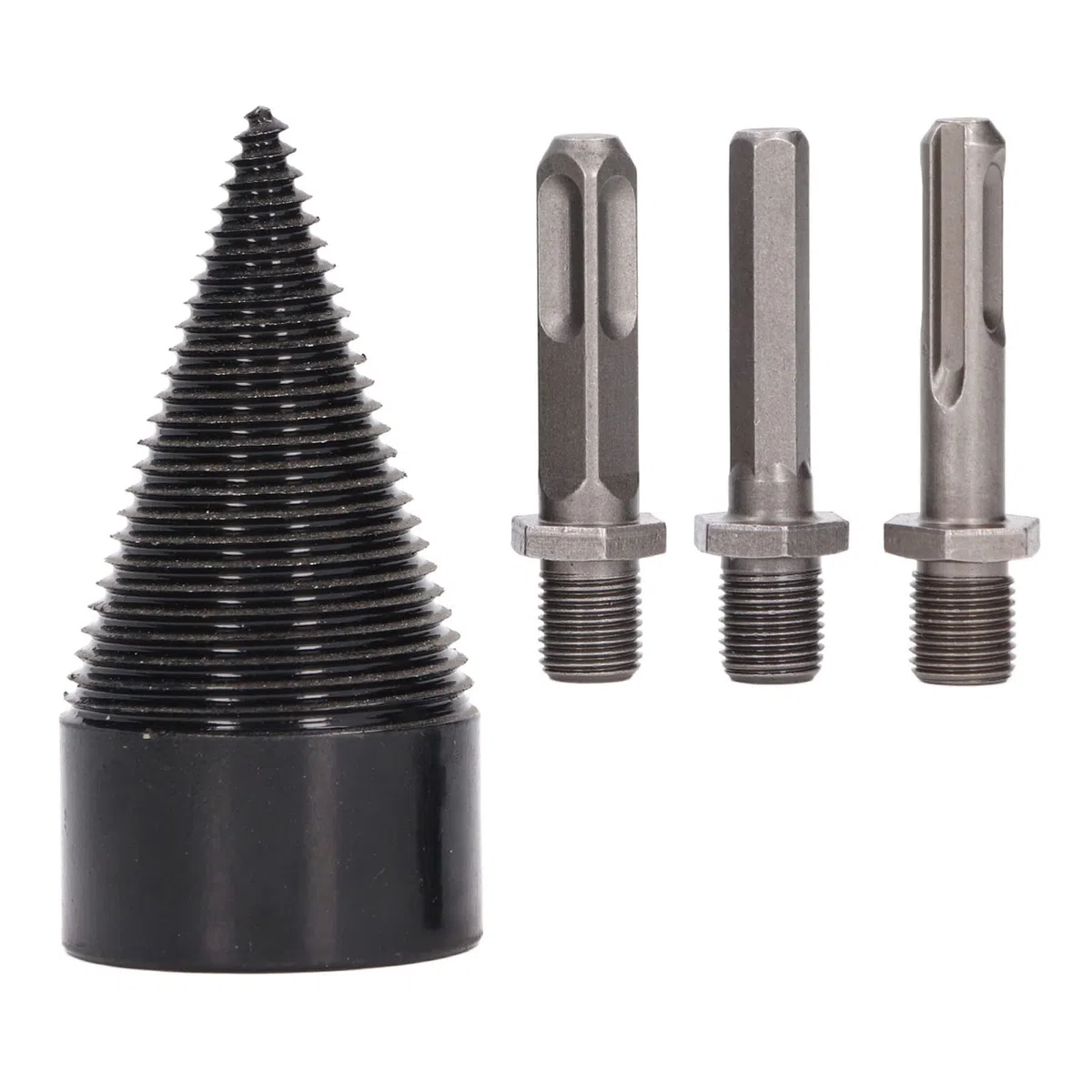 Punta Trapano per Spaccare Legna, acciaio al carbonio resistente con 3 aste removibili (quadrata, rotonda, esagonale) e design conico antiatrito, Punta Trapano per Spaccare Legna,