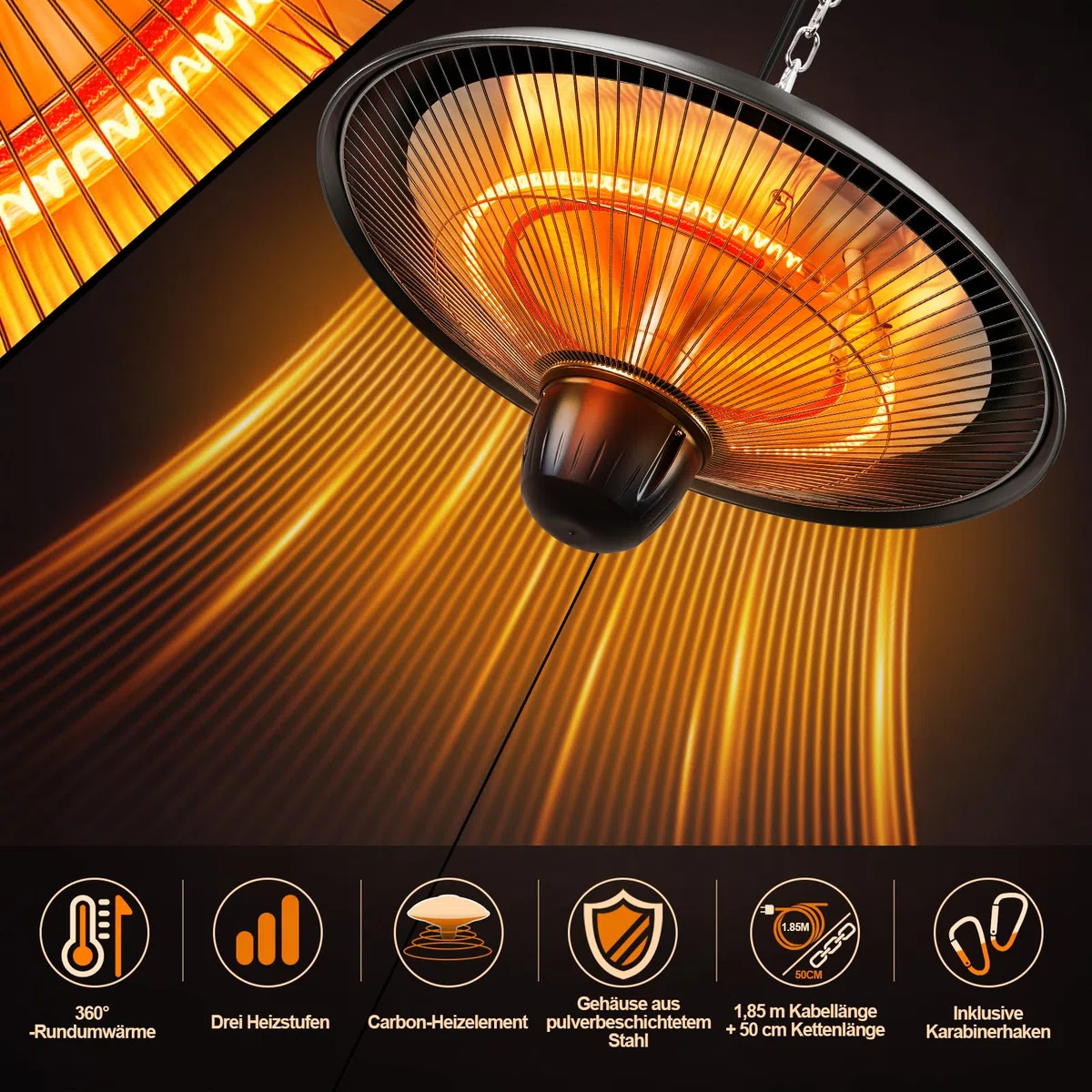 Stufa da esterni da 1800 W, sospesa, nero, 1 pezzo | Stufa elettrica sospesa con 3 livelli di calore, ideale per terrazze, balconi e ambienti esterni coperti
