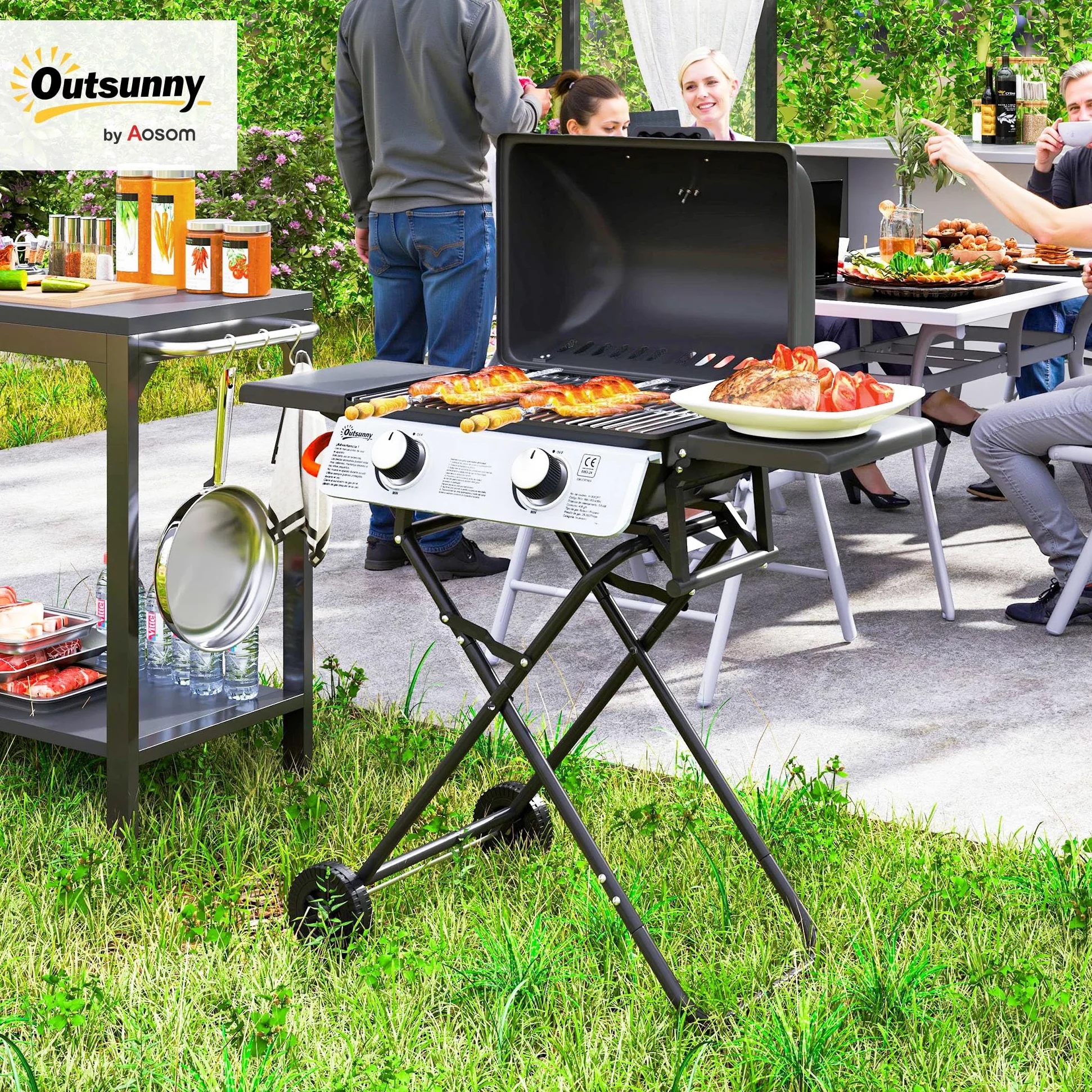 Outsunny Barbecue a Gas in Acciaio, BBQ a Gas a 2 Bruciatori da 2.8 KW con Coperchio, Termometro, Ruote, Griglie, Tavolino Laterale e Vaschetta Raccogli Grasso, Regolatore, Nero