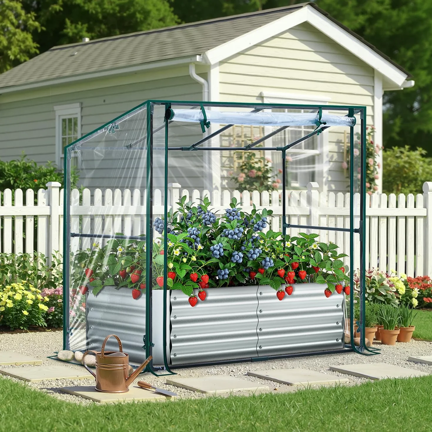 Ohuhu Aiuola rialzata 3 in 1 in metallo con serra e pellicola in PVC, fioriera rialzata con pomodoro, aiuola con struttura in acciaio, per giardino, 120 x 60 x 30 cm