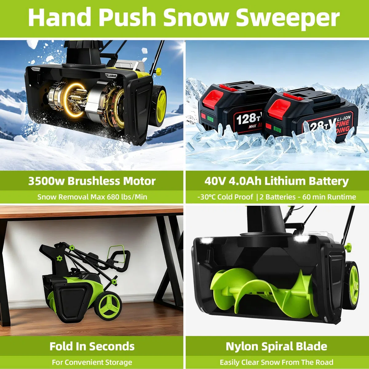Garage e Passaggi Pedonali, Pala da Neve Elettrica 40V Senza Fili, Spazzaneve a Batteria con 3500W Motore Brushless, 50cm Larghezza Pulizia, Distanza Lancio 7,6m,luci LED 4Batteries