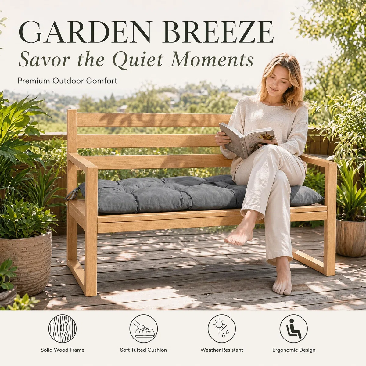 Cuscino per panca da interni ed esterni, 100 x 50 x 10 cm, impermeabile, con laccetti, cuscino per dondolo da giardino, per panca da giardino