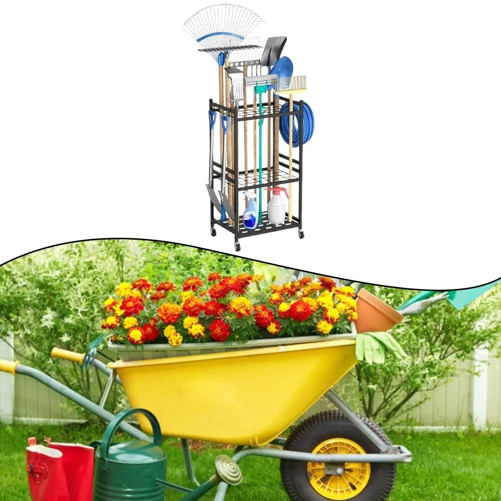 Scaffale da giardino, supporto in metallo per garage e organizzazione esterna, salvaspazio, pale, rastrelli, tubi, nero, 80 x 30 x 40 cm