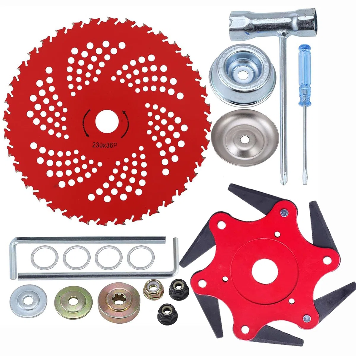 Lame con punta in carburo da 22,9 cm x 36 denti e testina in acciaio 6 in acciaio da 65 Mn, lame universali in metallo con adattatore universale per decespugliatore, mangiatore di erbacce