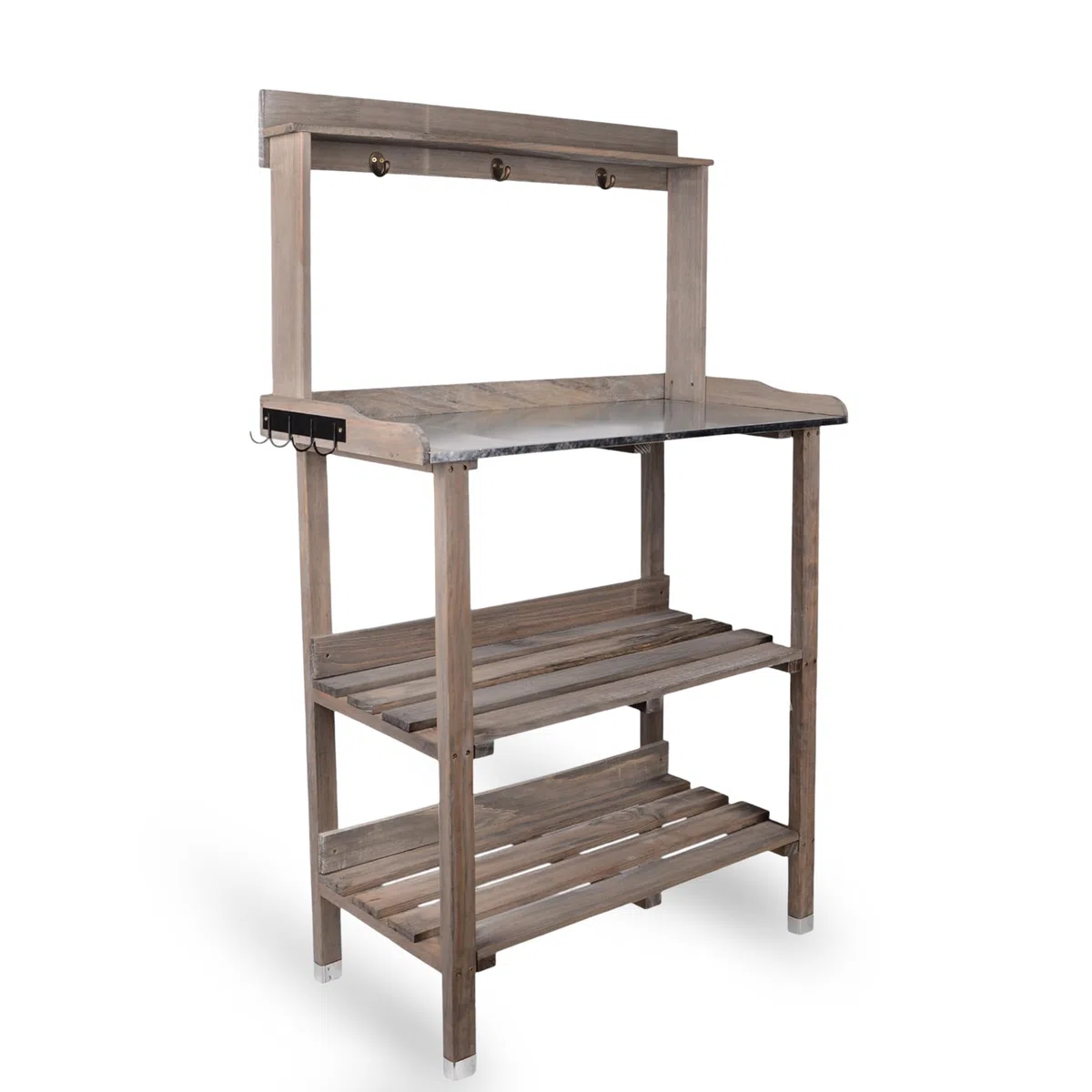 Tavolo in legno da giardinaggio, 76 x 38 x 91 cm, per giardino, terrazza, balcone, con piano zincato, 2 ripiani, resistente alle intemperie