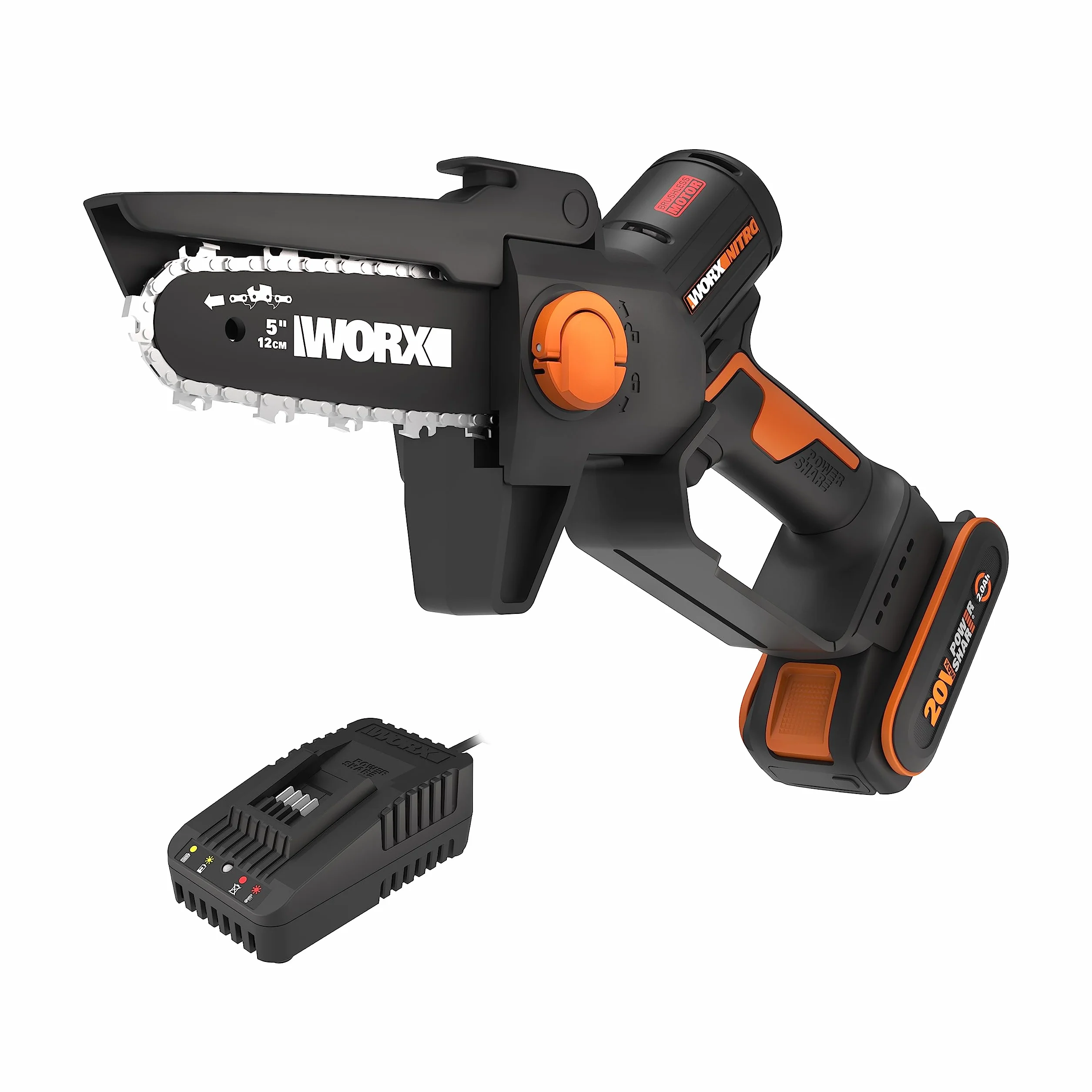 WORX Nitro WG325E Mini Motosega potatore a batteria, Motore Brushless, lubrificazione automatica, leggera e compatta, Motosega Elettrica, PowerShare 20V, con batteria e caricabatterie