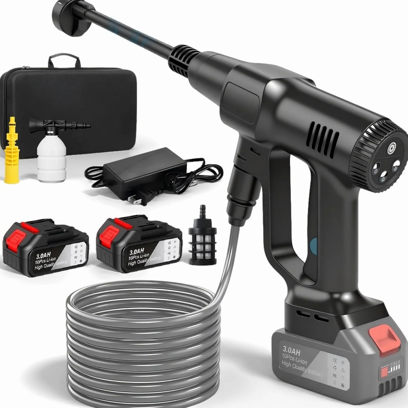 Idropulitrice a Batteria, 21V Max 200 Bar Idropulitrice Portatile con Batterià da 3,0Ah, Press & Clean Pistola Lavaggio con Display LCD di Potenza e 3 Velocità (Nero con 2 Batteria)