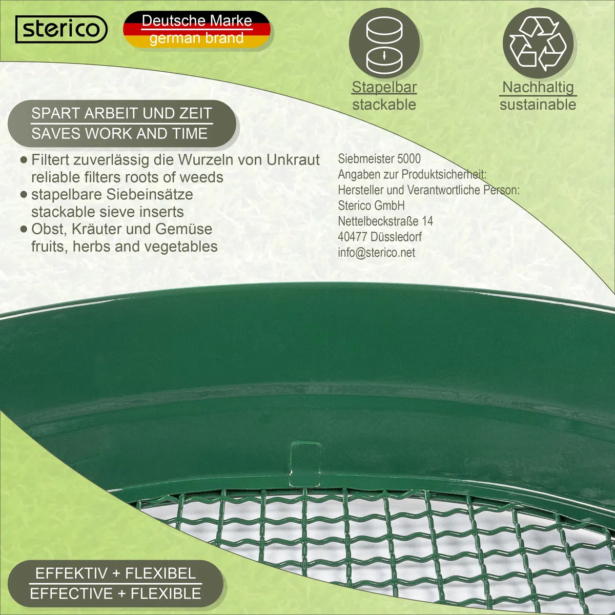 Sterico Setaccio da giardino in diverse misure di maglia | Setaccio rotondo Ø 33cm | Setaccio per sementi, terra, compost, pietre, erbacce, pietrisco | Accatastabile | Robusto (12mm)