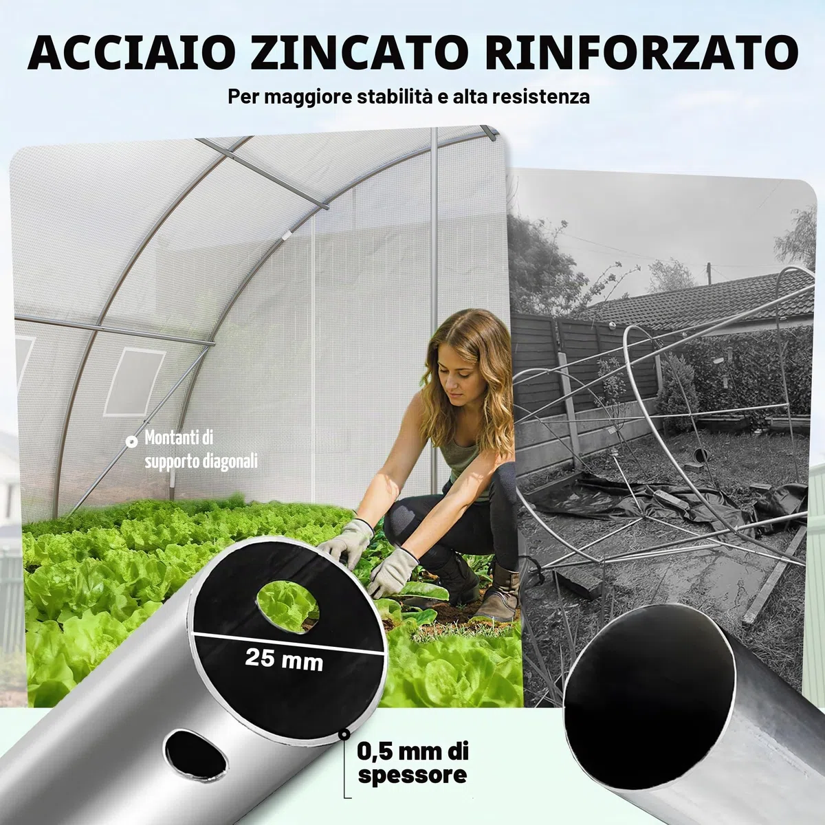 Outsunny Serra da esterno 6x4x2 m, Serra a tunnel con 2 aste di supporto, porte avvolgibili, finestre con rete, copertura in PE e telaio in acciaio zincato, anti-UV, impermeabile, bianca