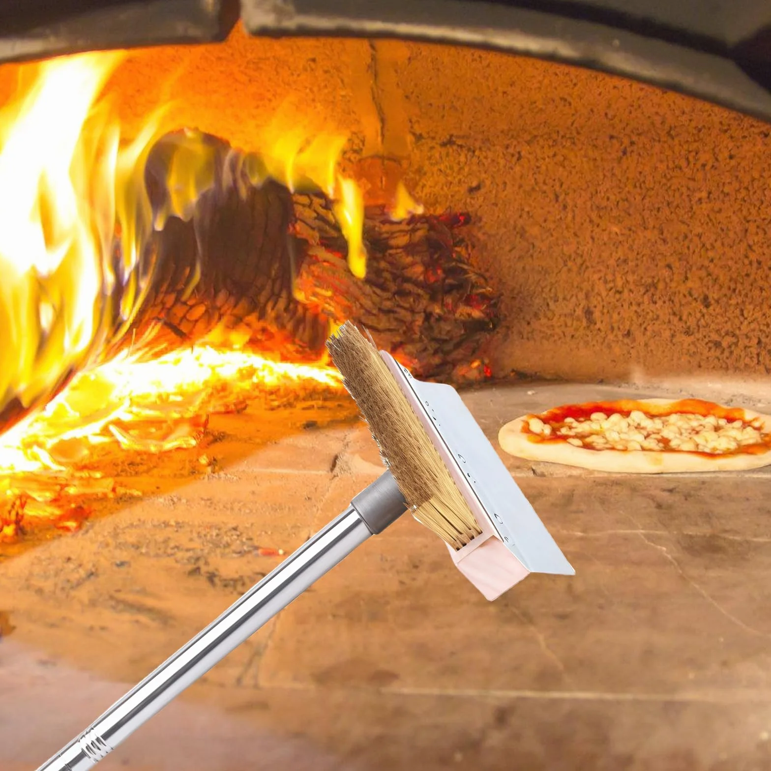 Spazzola per forno per pizza con raschietto in acciaio: 120 cm, spazzola per barbecue in ottone, manico lungo rimovibile in alluminio, raschietto per forno per pizza con spazzola in ottone, spazzola
