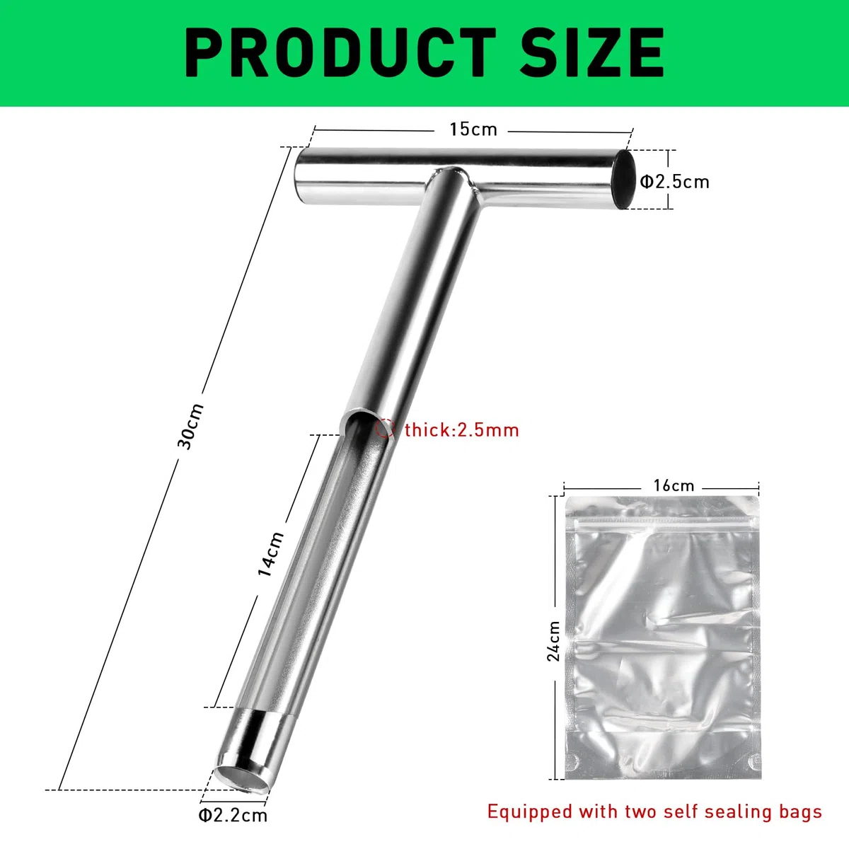 Sonda per terreno 30 cm in acciaio inox 2.5 mm - Prelievo a T con 2 sacchetti riutilizzabili per giardino, fattoria, prato