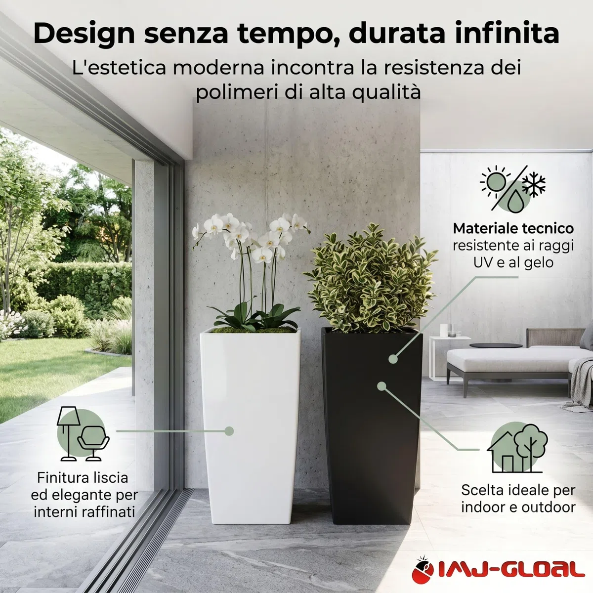 IMJ-Global - 2 Vasi per Piante da Esterno in Plastica Resistente Alle Intemperie, Vasi per Piante da Interno 26,5x26,5x50 cm (26,6L) con Inserto da 11 Litri, Arredamento Casa e Giardini (Nero)