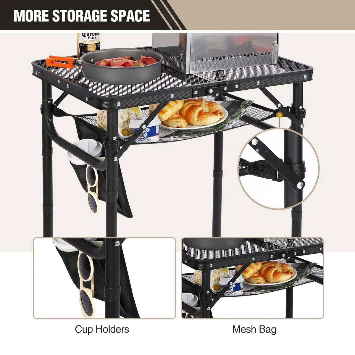 REDCAMP Tavolo da barbecue portatile con scrivania in rete, 60 x 40cm Tavolo da campeggio pieghevole leggero per cucinare in campeggio BBQ RV Picnic, facile da montare con scavate regolabili, nero