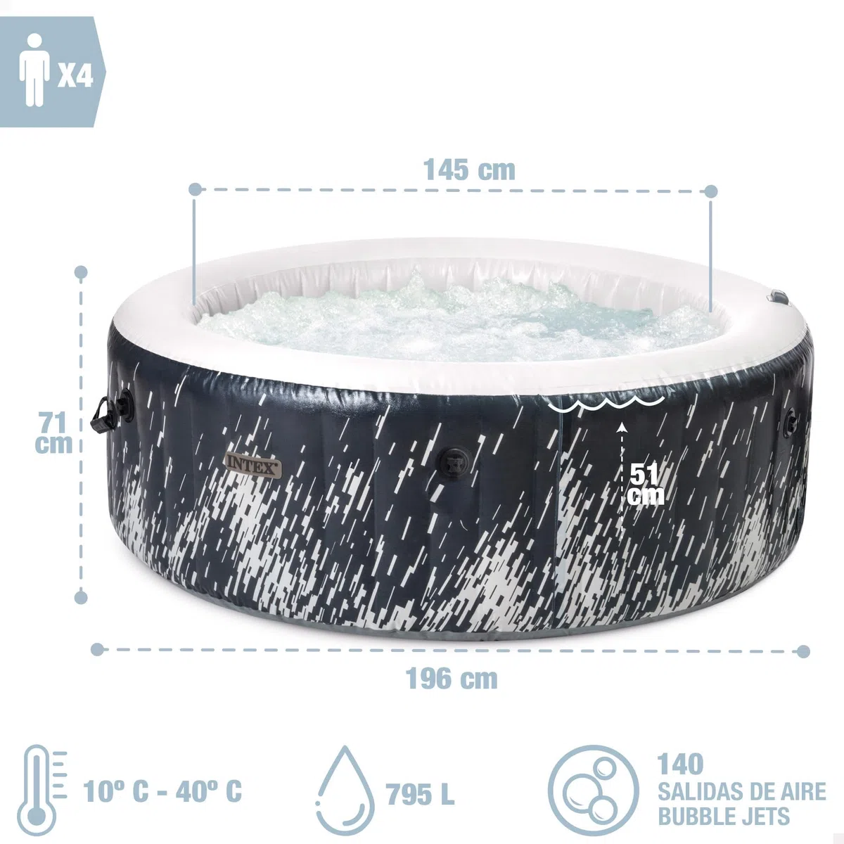 Intex 28494NP - Idromassaggio Gonfiabile Rotondo PureSpa Bubble Glow Deluxe, 4 Posti, 140 Getti, PVC, LED Multicolore, 196x71 cm