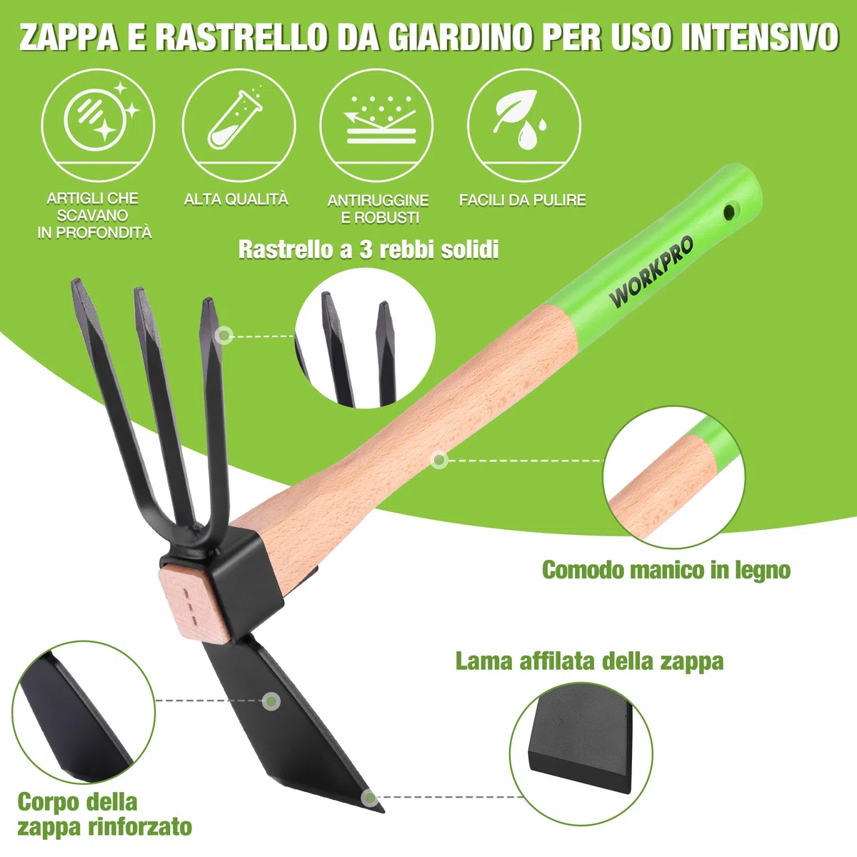 WORKPRO Zappa e Coltivatore 2-in-1 – Rastrello da Giardino con Manico in Legno da 36 cm, Lama Affilata e Denti a 3 Artigli, Attrezzo Pesante per Scavare, Smuovere il Terreno, Sarchiare e Coltivare