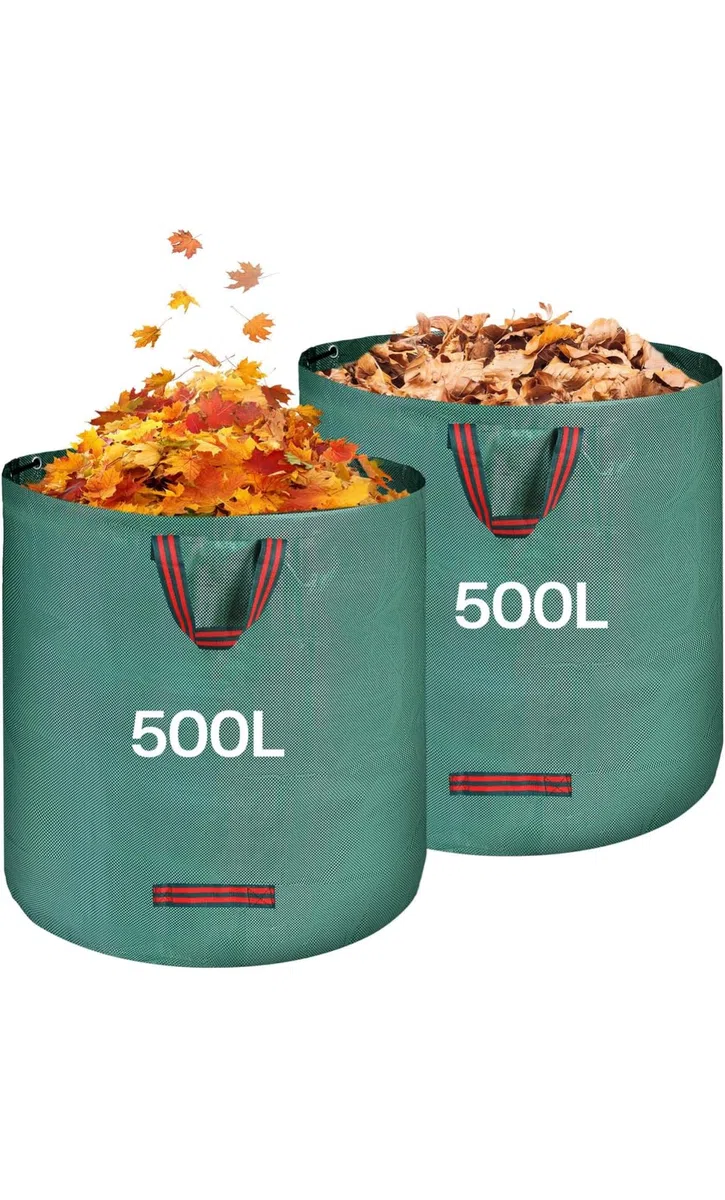 2 X 500L Sacchi Giardinaggio - Sacchi per Rifiuti da Giardino Pieghevole con Maniglie - Sacchi per Raccogli Foglie da Giardino, Impermeabile, resistente, Riutilizzabile
