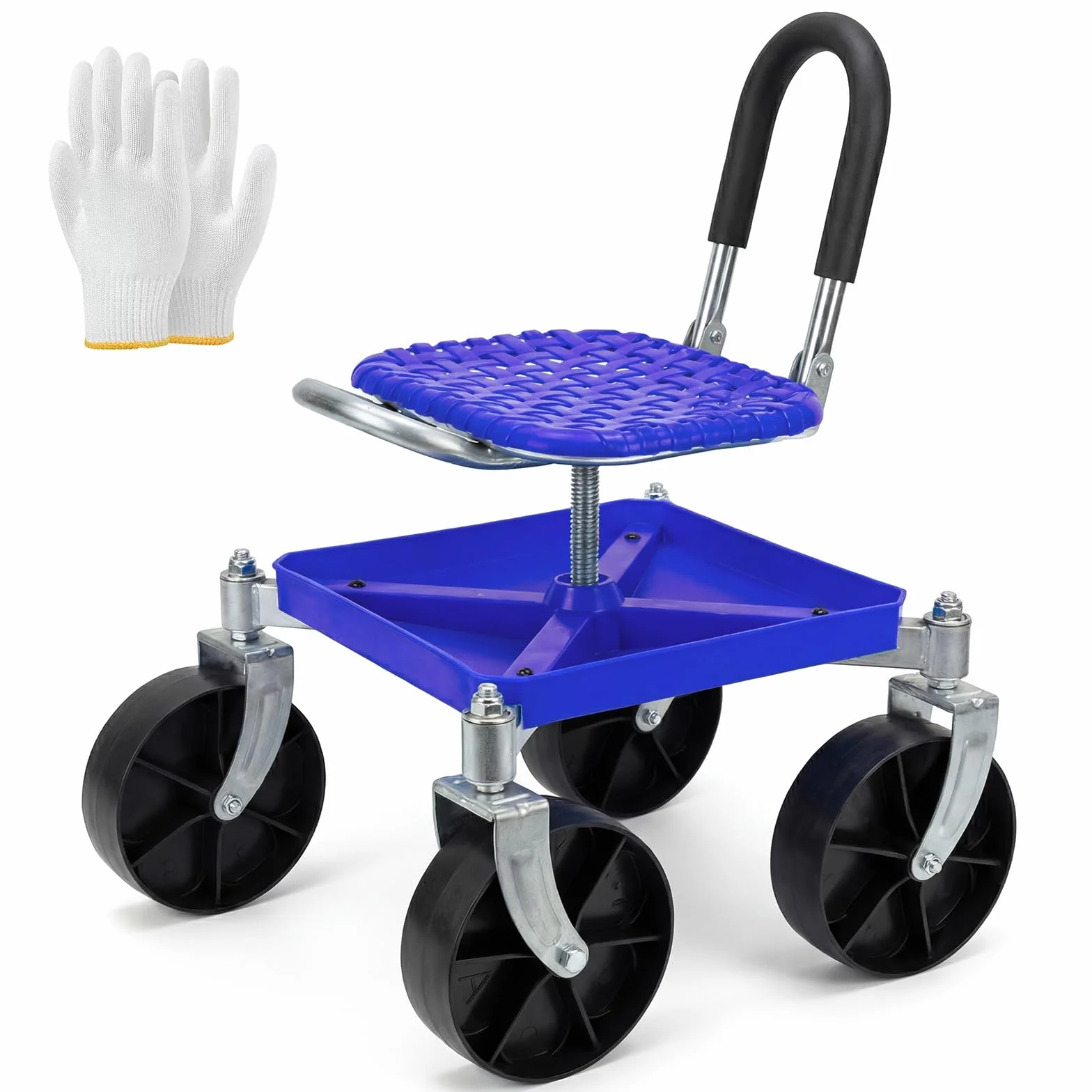 Sgabello da giardino con ruote da 150 kg - Sedile girevole a 360° e ruote, regolabile in altezza da 51-61 cm - Sgabello robusto per giardino e garage con guanti per diserbo, piantare e pulire l'auto