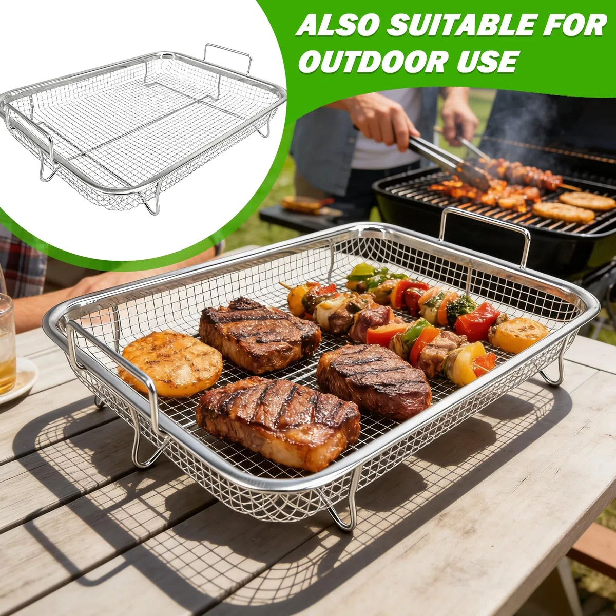 2 cestini per barbecue in acciaio inox con maniglia, cestino da forno, teglia con griglia di raffreddamento, per verdure pollo e pesce grigliare e raffreddare