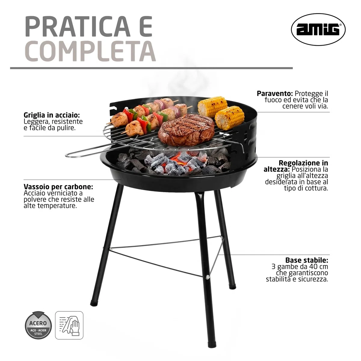 Amig - Barbecue a carbone - 33 x 35 x 56 cm - Nero - Realizzata in Acciaio - Giardino e patio - per terrazza e balcone con dimensioni adatte a spazi piccoli, uso pratico. Mod. AZKAR