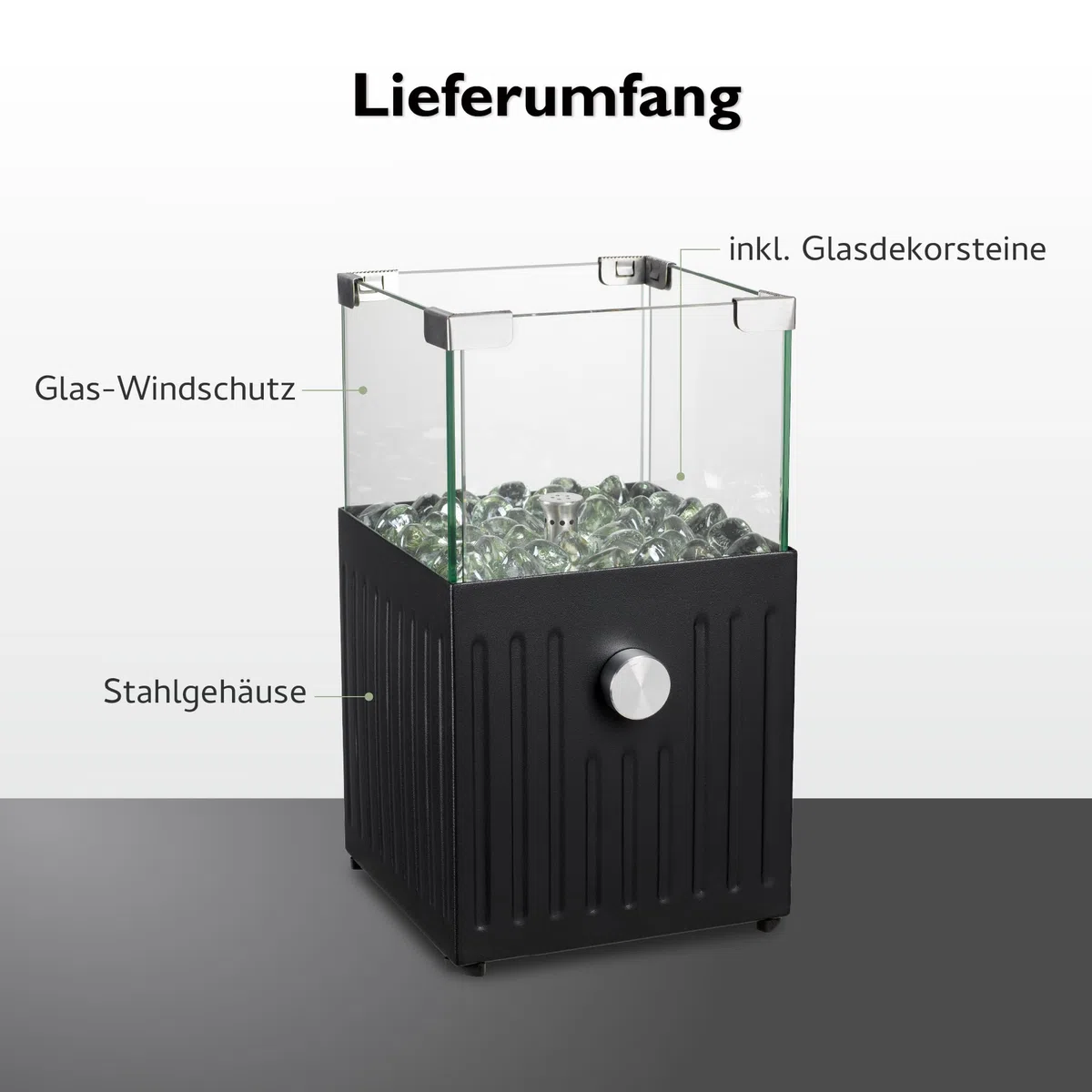 tepro Caminetto a gas da tavolo Velioro – antracite, quadrato, punzonato, con pietre decorative in vetro