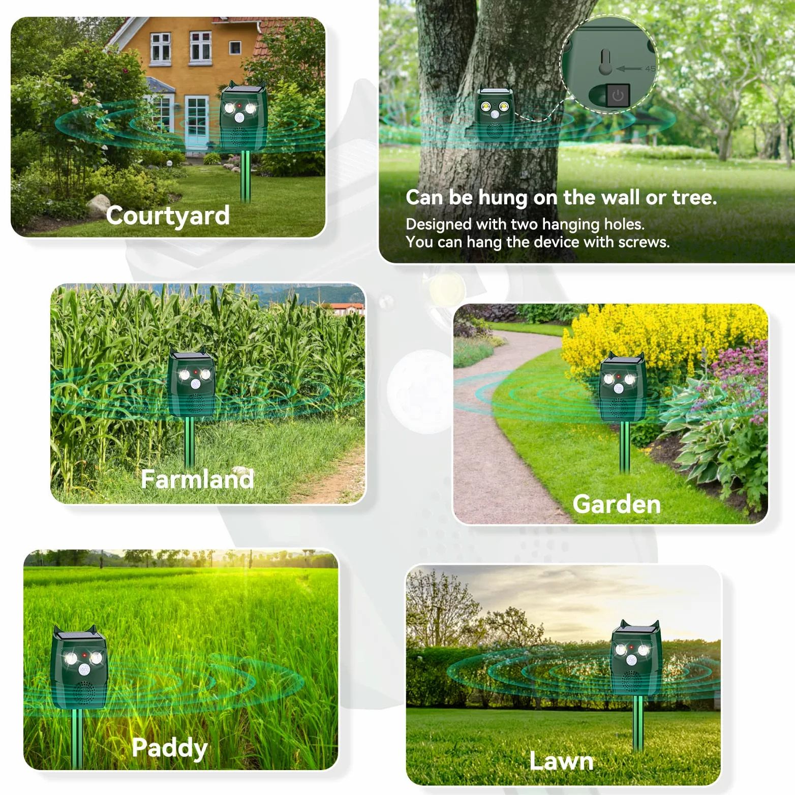 Dissuasori per Piccioni per Giardino, Repellente per Gatti a Ultrasuoni con sensore di movimento, 3 Modalità a Ultrasuoni e flash possono automaticamente, resistente alle intemperie, Solare
