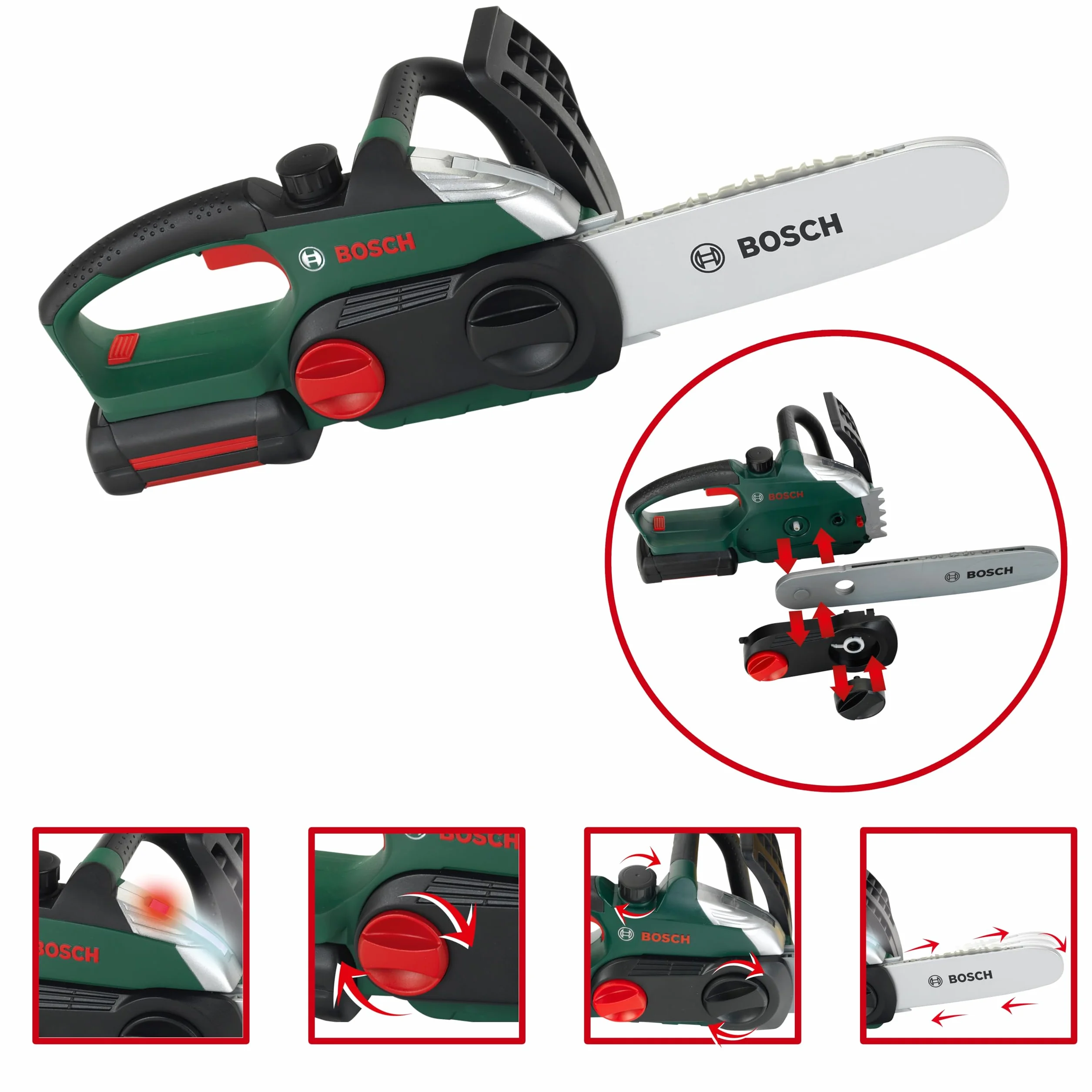 Theo Klein 8399 Motosega Bosch, Riproduzione Fedele all'originale e a Misura di Bambino, Sega a batterie con Effetti sonori e Luminosi, Giocattolo per Bambini a Partire dai 3 Anni di età