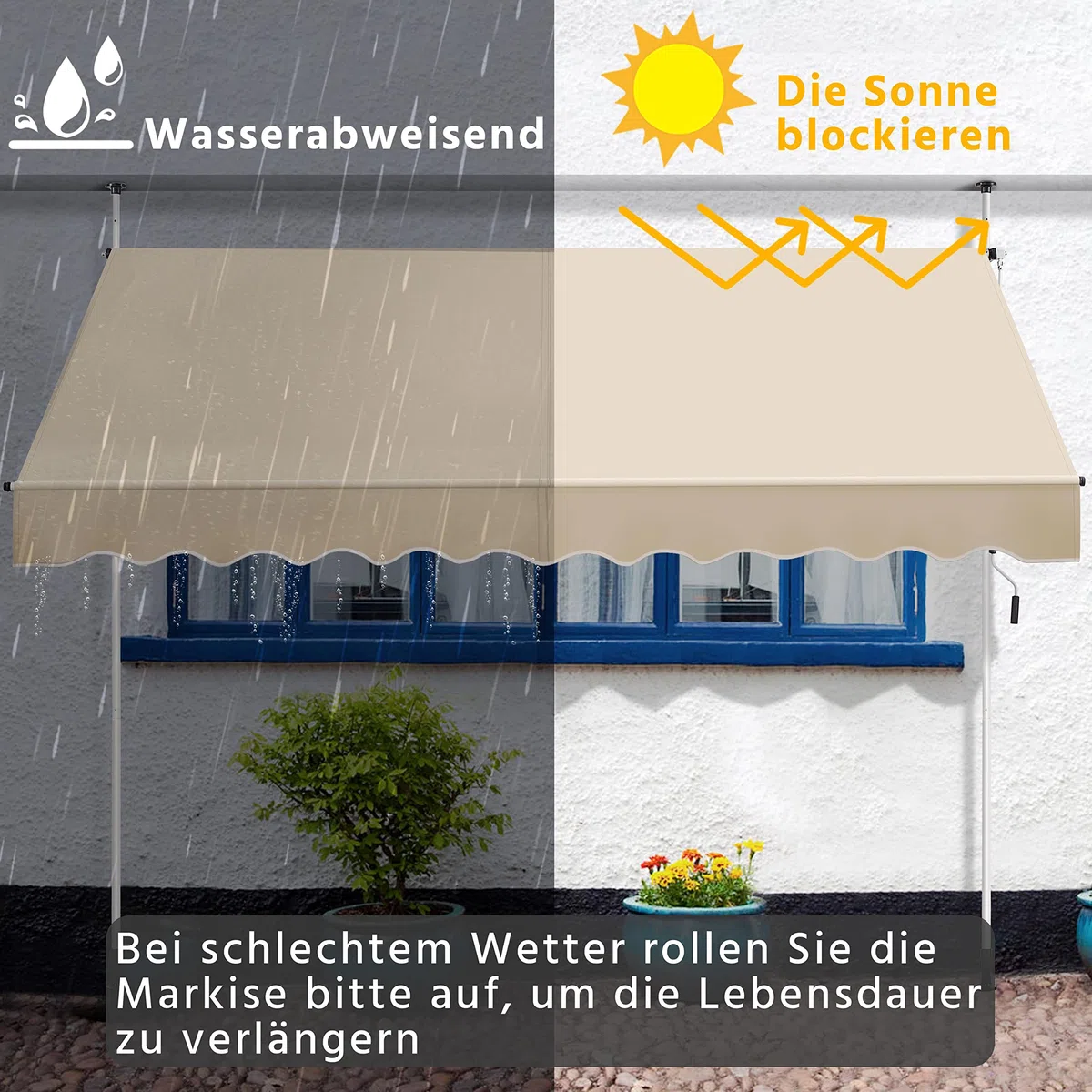 Yaheetech Tenda da sole da balcone, larghezza 300 cm, con manovella, protezione solare senza fori, regolabile in altezza, con struttura, colore beige