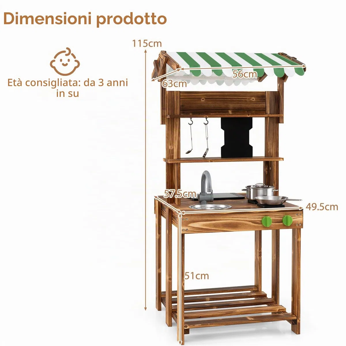 HOMASIS Cucina da Esterno in Legno con Tettoia, Cucina Giocattolo per Bambini a Doppia Faccia con Lavagna, Rubinetto, 4 Utensili e 2 Ganci, Barbecue Giocattolo per Bambini da 3+ Anni, Verde