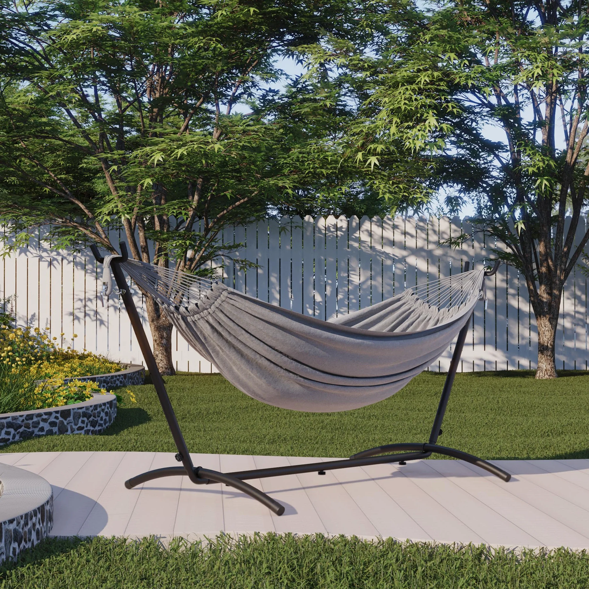 Mondeer Amaca da Campeggio con Supporto Amaca da Giardino per Esterni in Tessuto Singolo con Telaio in Metallo con Borsa Portatile e Accessori, Capacità di Carico 200 Kg, per Viaggi, Patio