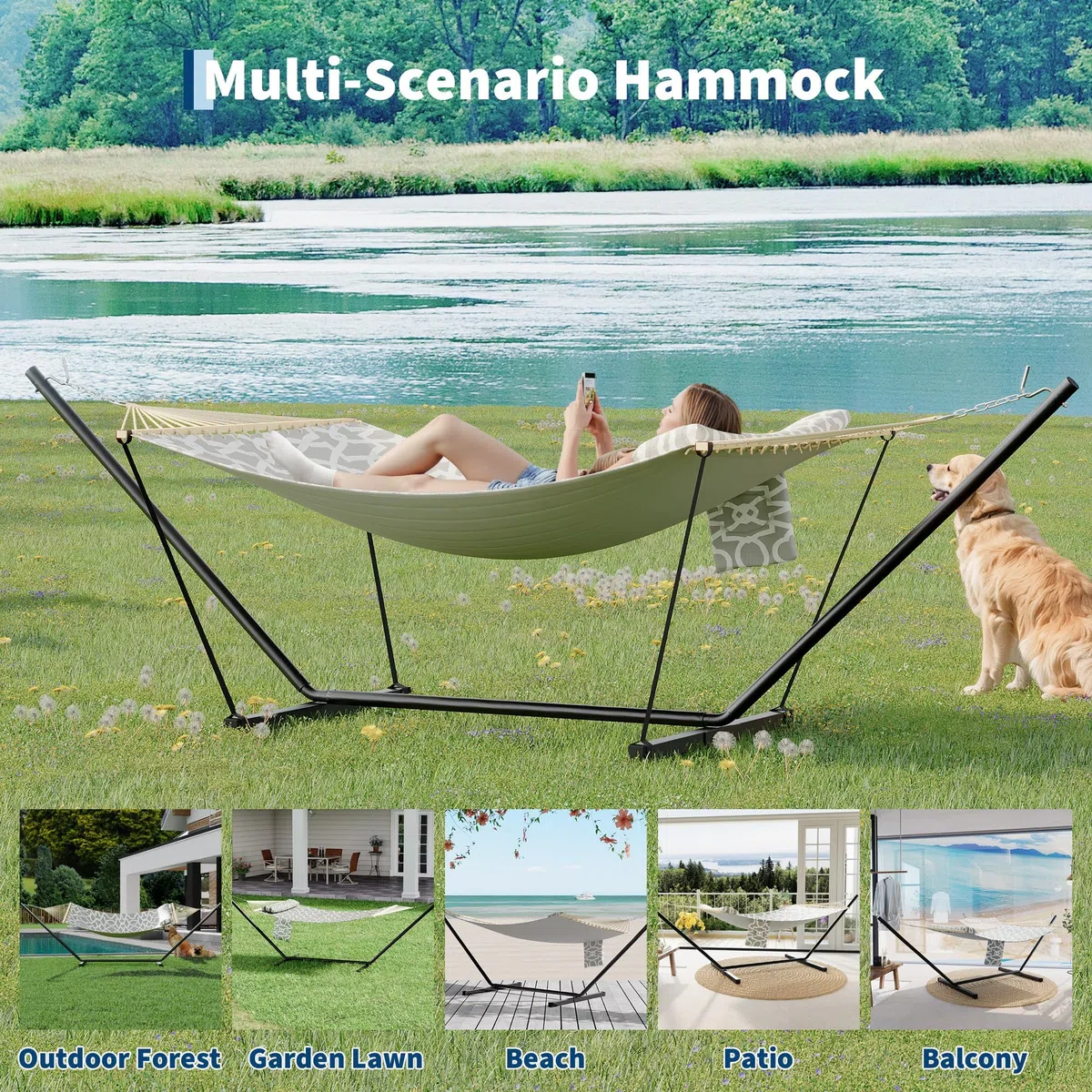 Amaca su piede 12FT, Amaca doppia esterna 2 persone, tela Hammock con cuscino, supporto amaca in metallo a T, per giardino terrazza campeggio