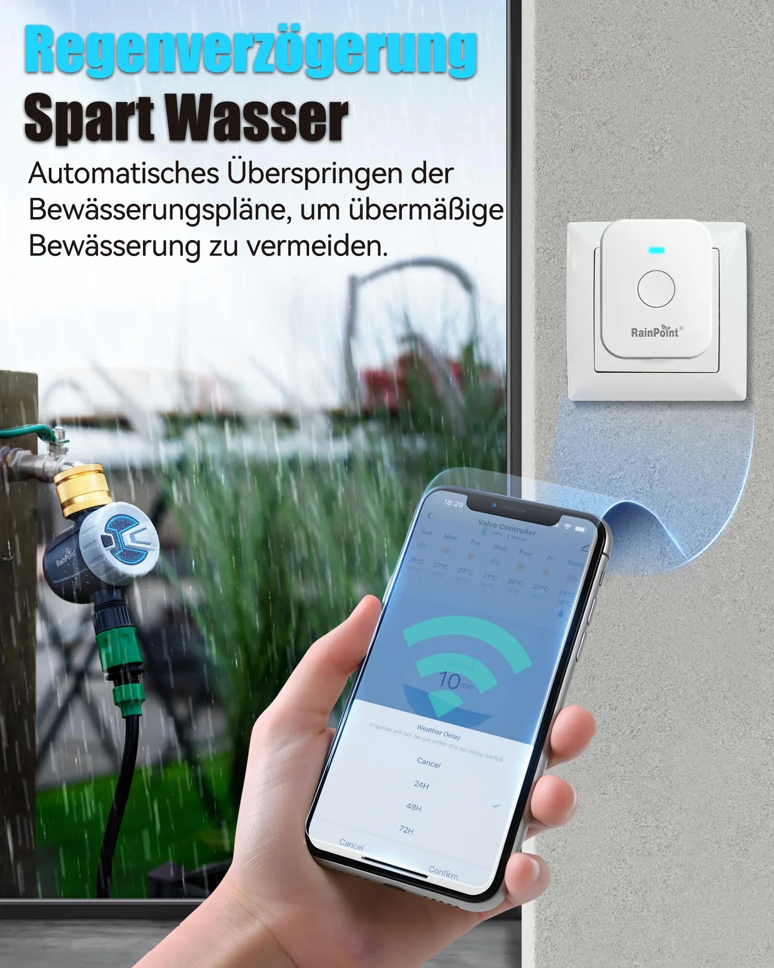 RAINPOINT Centralina Irrigazione WiFi, Computer Irrigazione Automatica con Ingresso in Ottone, Telecomando Smart APP Tramite WiFi 2,4 GHz o Bluetooth, Timer Irrigazione Wifi per Prato Giardino