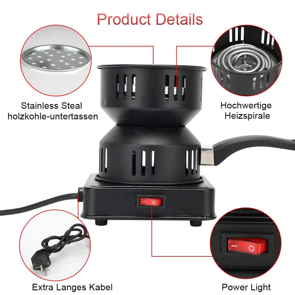 RANJIMA Accendifuoco a Carbone, con Maniglia e Cavo Lungo, 450 – 600 W, Piastra riscaldante di Alta qualità, Colore Nero, griglia a Carbone, riscaldata, caffè Invernale, Regalo per San Valentine