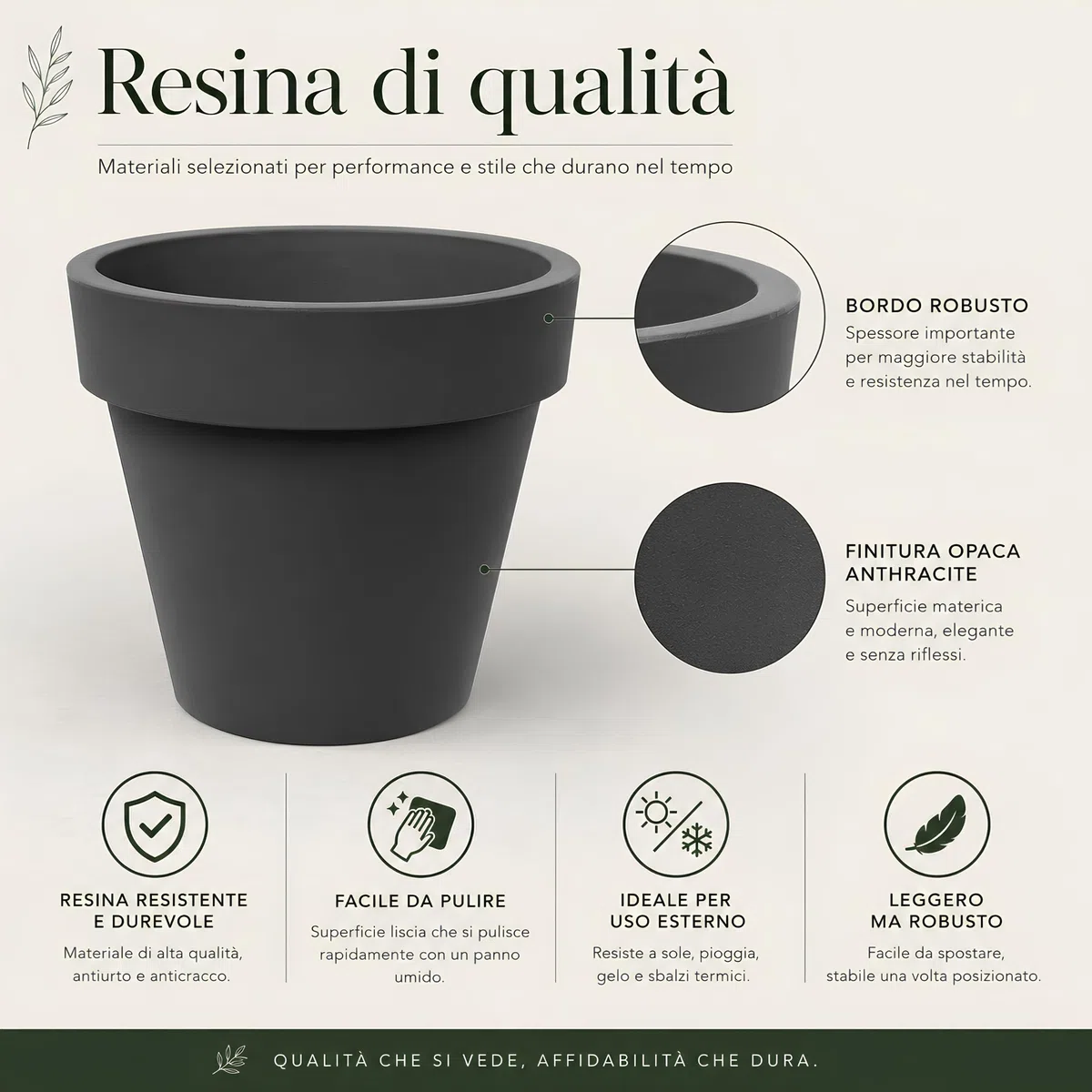 Tecnokit Tera Vaso Grande Standard One Ø50 cm Antracite in Resina, Vaso Moderno da Interno ed Esterno Resistente UV, Fioriera Rotazionale per Piante Grandi, Terrazzo e Giardino