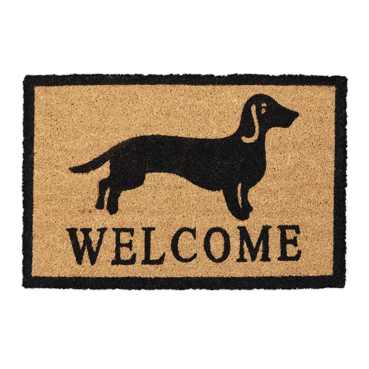 Relaxdays Zerbino con Bassotto, Fibra di Cocco, Frase Welcome, Interni ed Esterni, 40x60 cm, Antiscivolo, Naturale/Nero