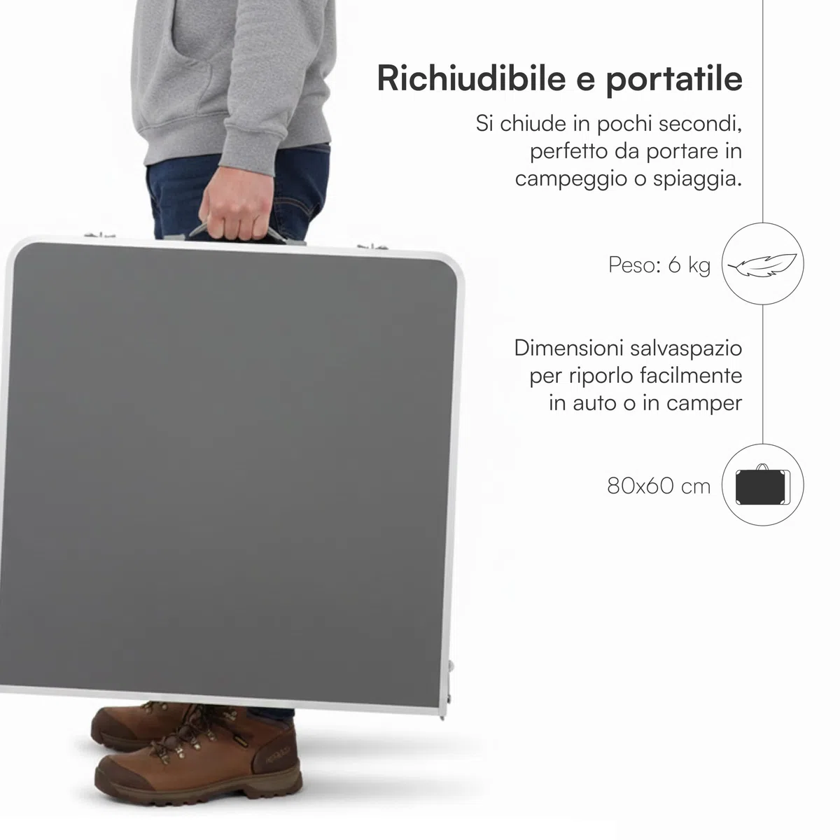 Baroni Home Tavolo Pieghevole da Campeggio con 4 Sedie Richiudibili, Tavolino Portatile in Alluminio con Piano in MDF, Leggero, Ideale per Campeggio, Spiaggia, Picnic e Outdoor, Tavolo Grigio 120 cm