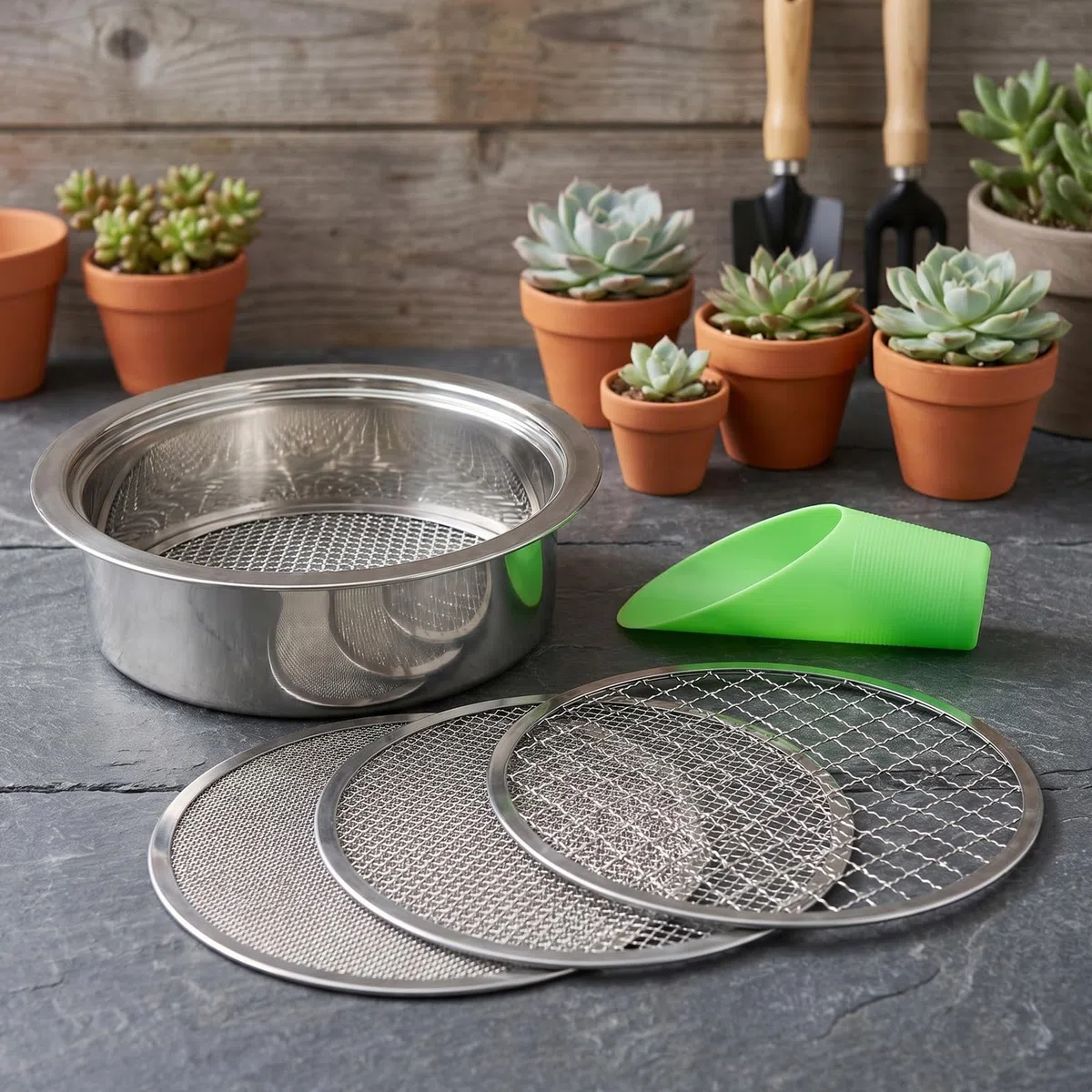 Lurrose 1 Set Setaccio da giardino per terriccio con rete di ricambio e paletta in plastica (fori da 1, 3, 6, 9, 12 mm) - Setaccio rotondo in acciaio inossidabile per roccia, compost, terra, spiaggia