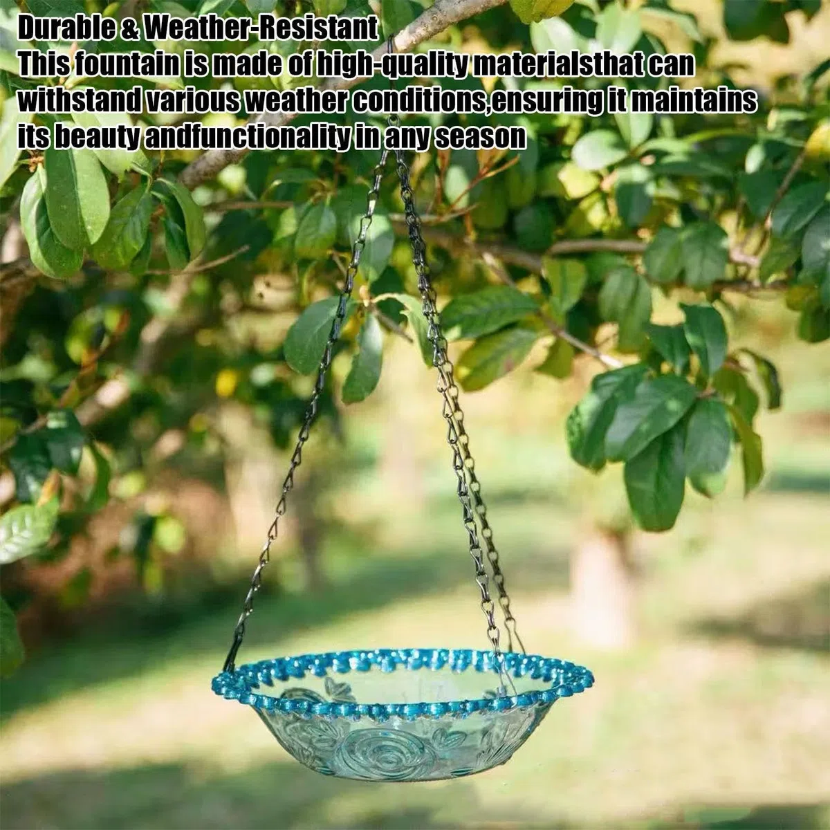 Bagno interattivo per uccelli, fontana solare sospesa, fontana da bagno 23,5 x 23,5 cm con catena in ferro, fontana d'acqua compatta in polipropilene, fontana per uccelli con stile sospeso, doccia per