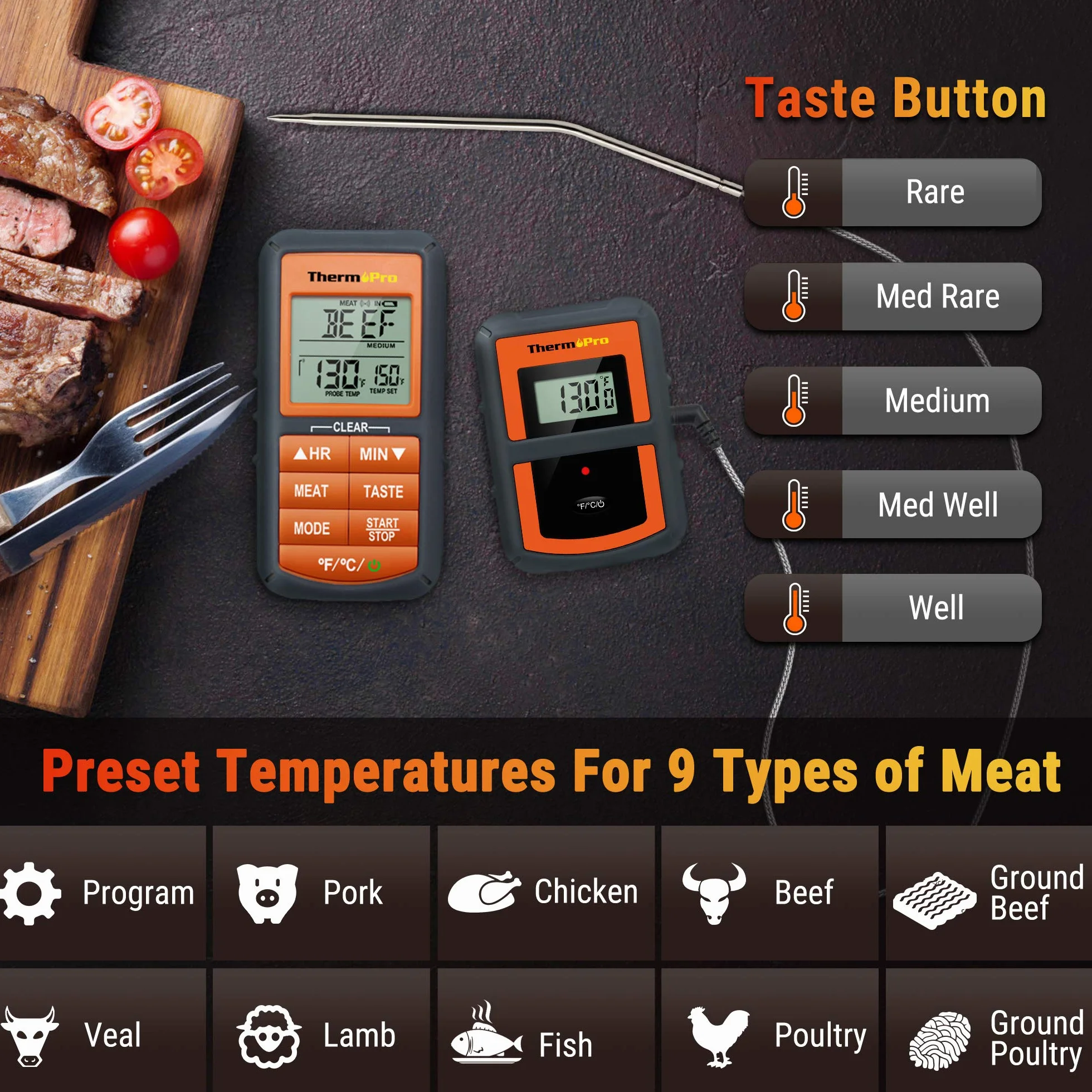 ThermoPro TP07C Termometro Cucina Wireless Remoto Termometro Barbecue Digitale per BBQ Carne Forno Olio Alimenti con Sonda, Portata 150 Metri, Schermo LCD Retroilluminato.